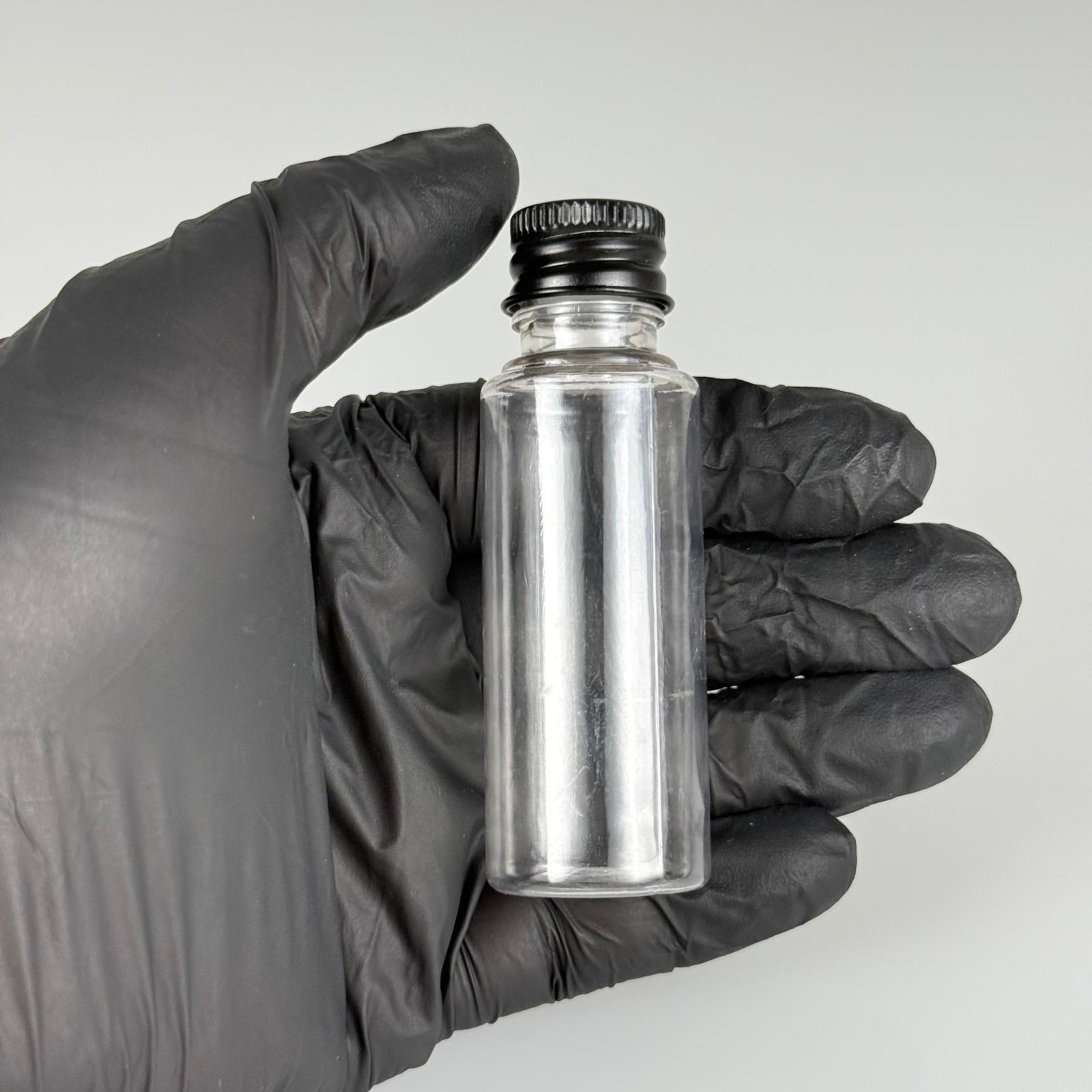 30 CC ŞEFFAF PET SHOT ŞİŞE - KÖPÜK CONTALI SİYAH ALÜMİNYUM METAL KAPAKLI + KÖR TIPALI TAKIM - 30 ML PLASTİK ŞİŞE