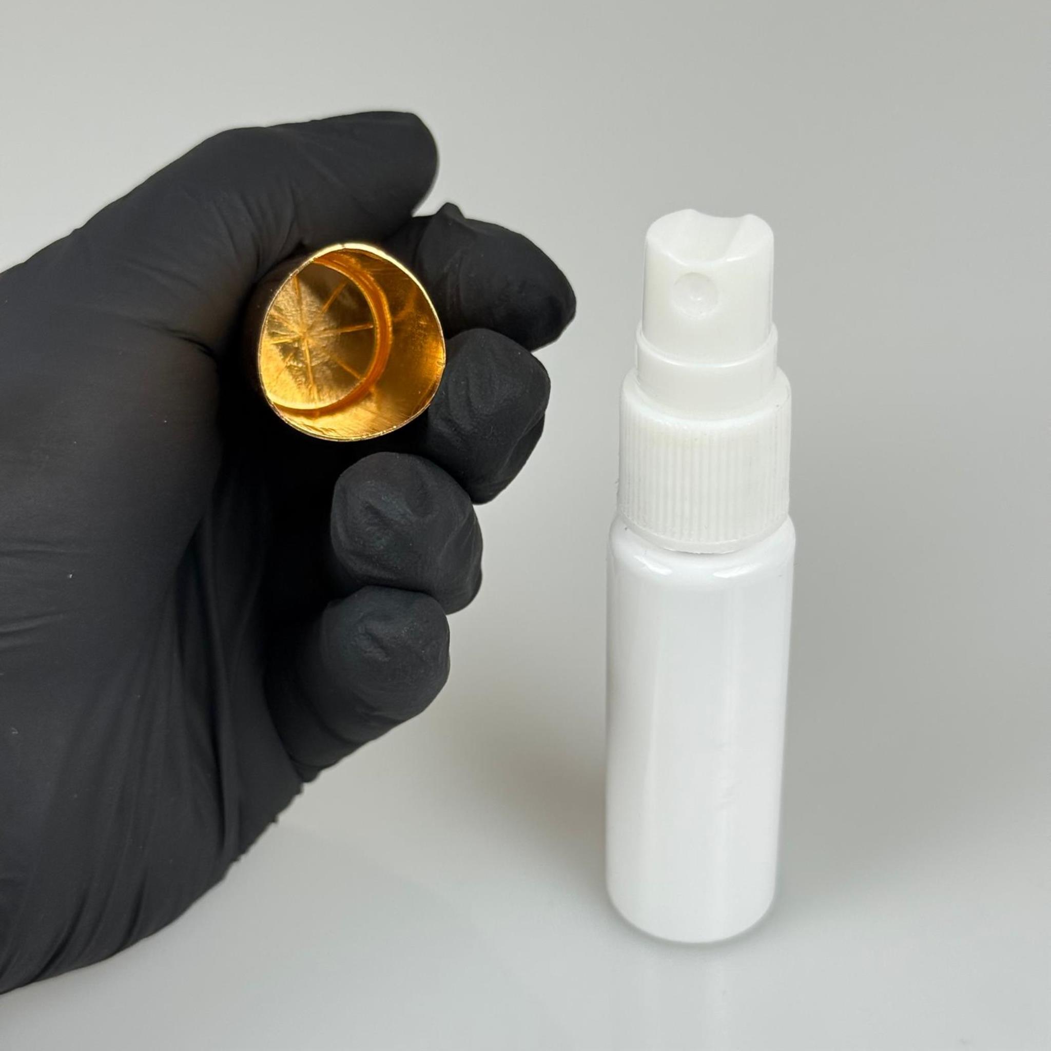 20 ML PET KOLONYA, PARFÜM VB ŞİŞELERİ - METAL ALÜMİNYUM GOLD KAPAK + VİDALI SPREY + 20 CC BEYAZ SHOT ŞİŞE SET TAKIM