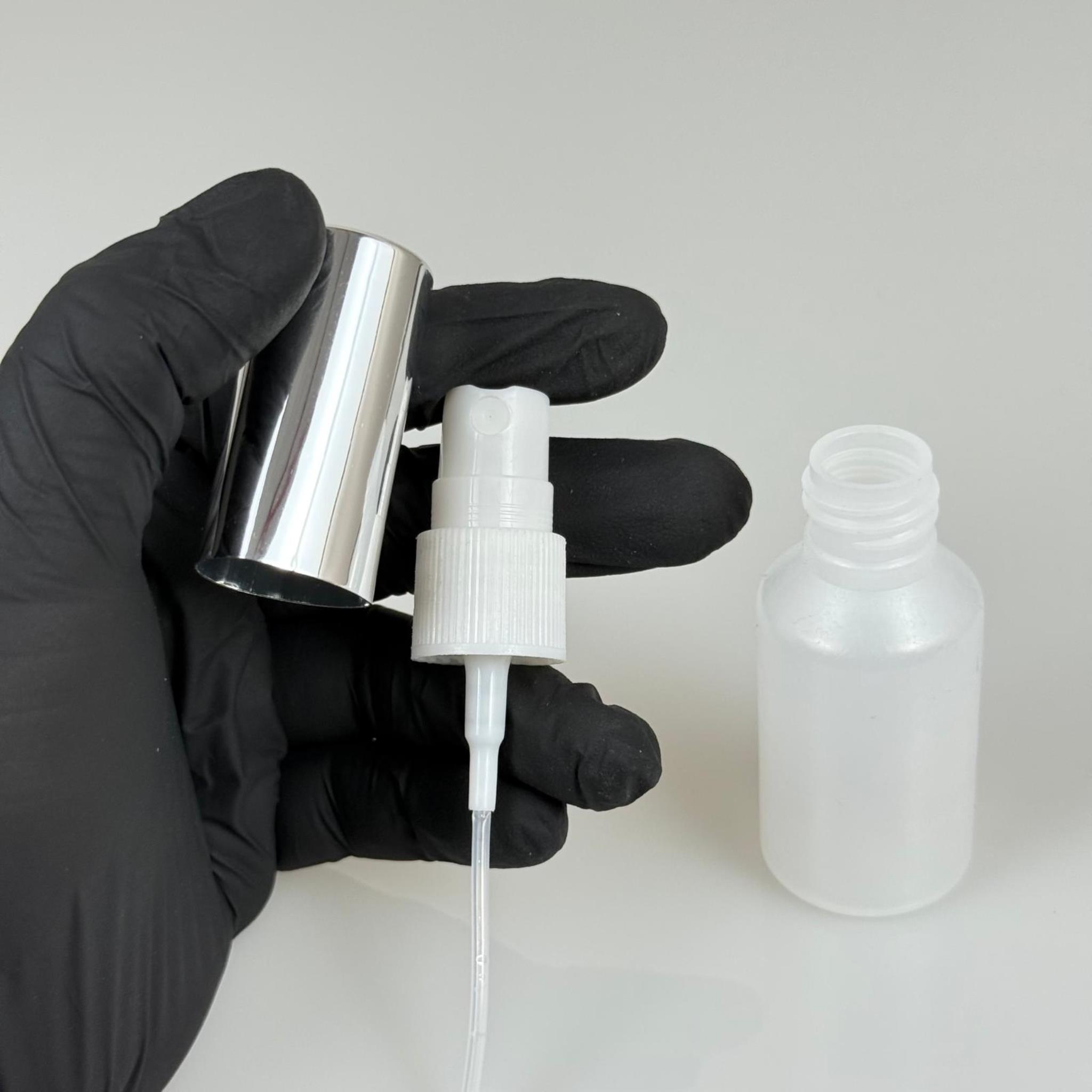 30 ML POLİETİLEN KOLONYA, PARFÜM VB ŞİŞELERİ - METAL ALÜMİNYUM GÜMÜŞ KAPAK + VİDALI SPREY + 30 CC NATÜREL ŞİŞE SET TAKIM