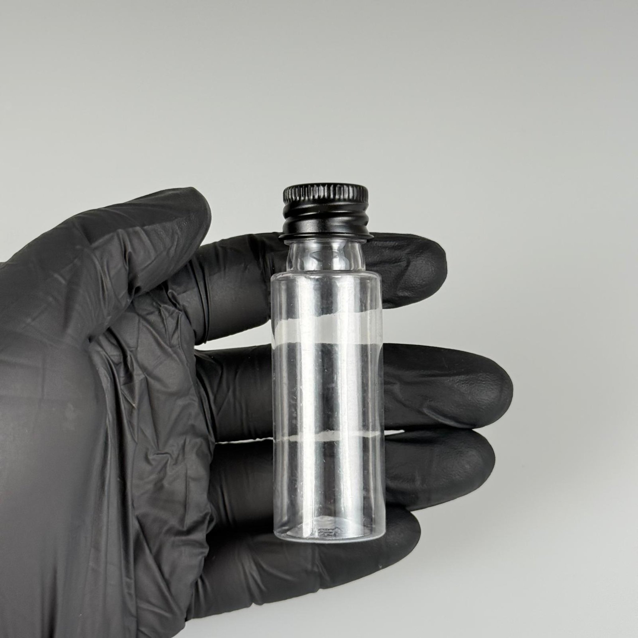 20 CC ŞEFFAF PET ŞİŞE + KÖPÜK CONTALI SİYAH ALÜMİNYUM METAL KAPAKLI TAKIM - 20 ML PLASTİK ŞİŞE