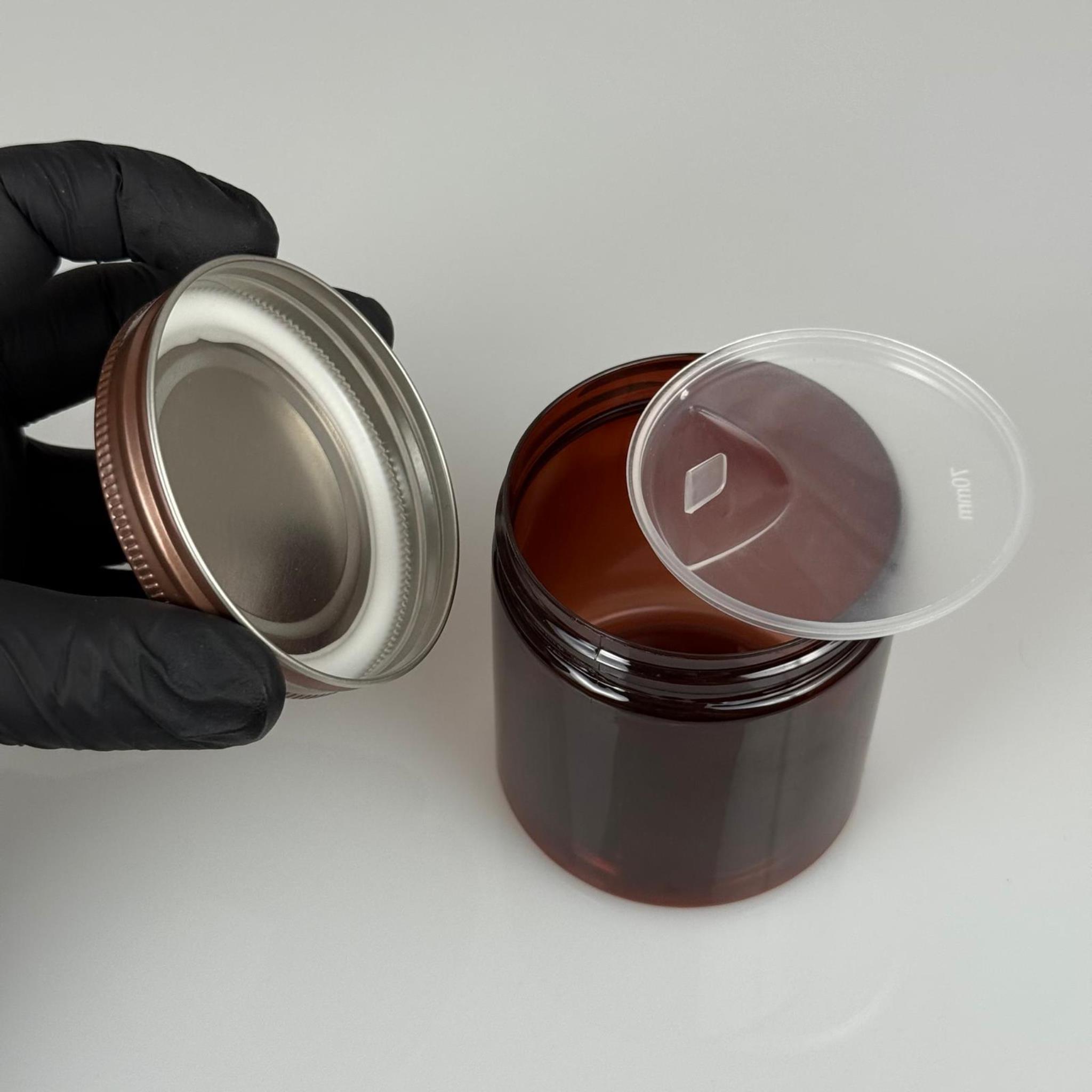 250 ML SERT PET KAVANOZ + BRONZ METAL KAPAK + İÇ TIPA - 250 CC KALIN AMBER PLASTİK KAVANOZ BRONZ METAL KAPAKLI İÇ TIPALI TAKIM - KREM KAVANOZLARI