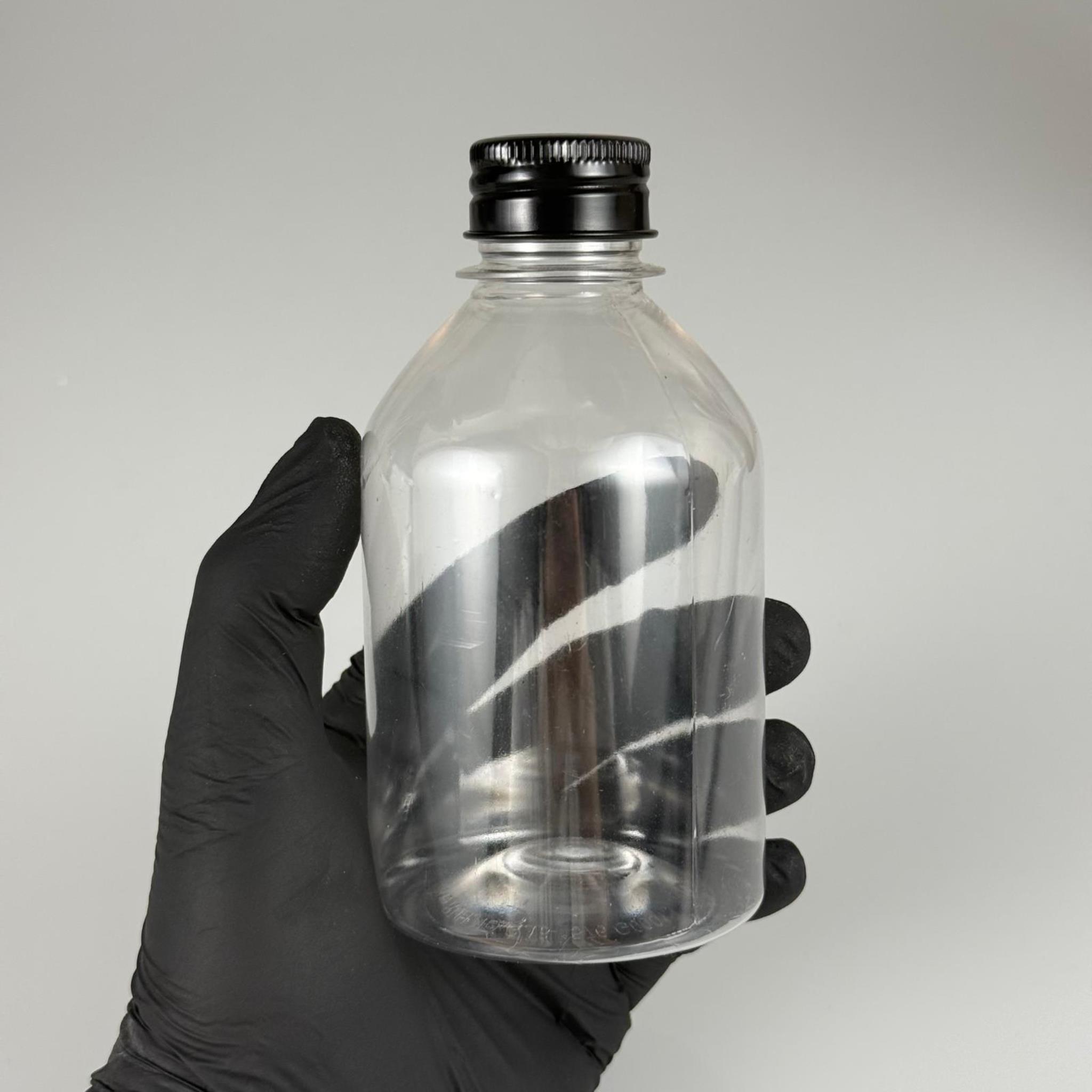 250 CC TOMBUL MODEL ŞEFFAF PET ŞİŞE + SİYAH ALÜMİNYUM METAL KAPAKLI - 250 ML OVAL BOYUNLU PLASTİK ŞİŞE