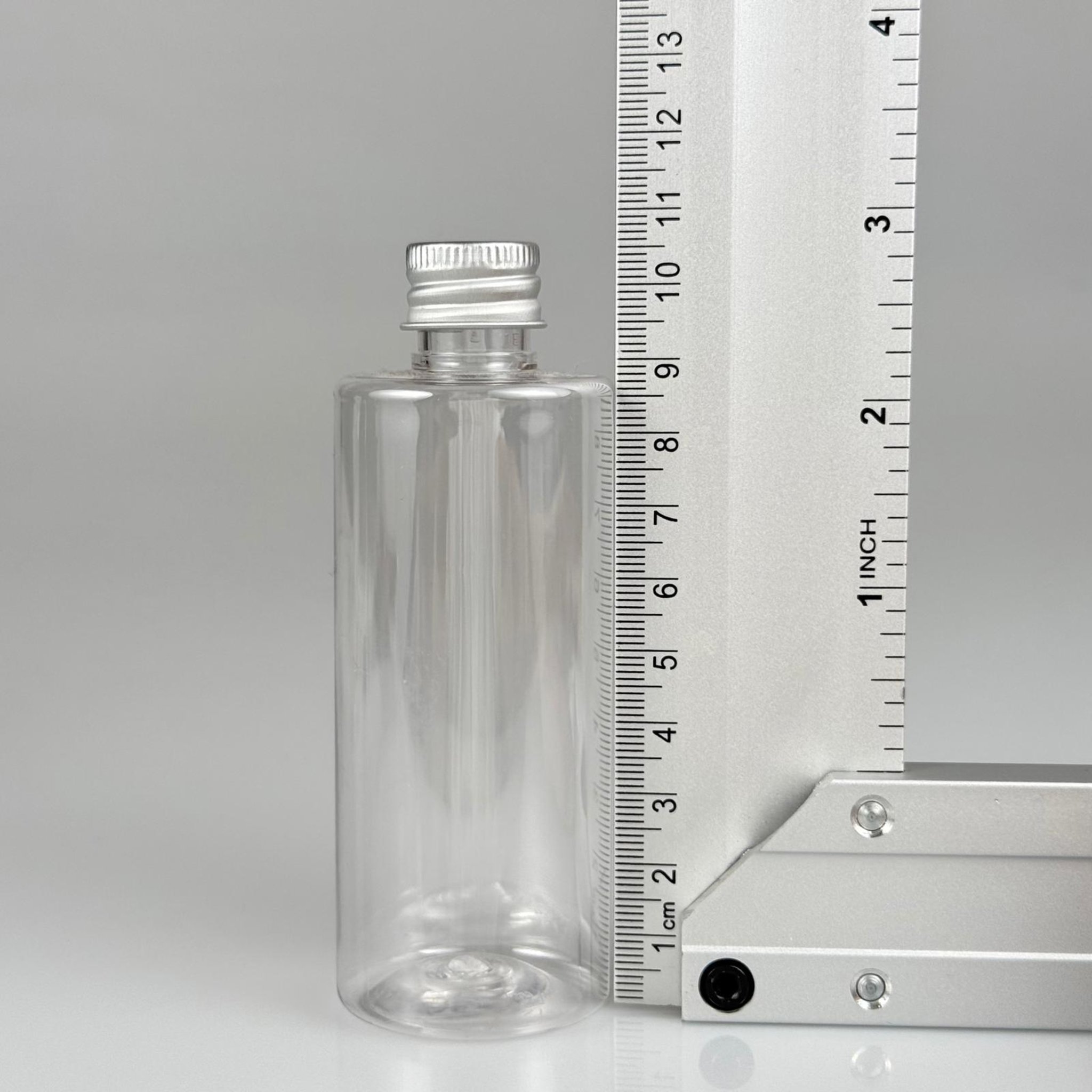 100 CC ŞEFFAF SİLİNDİR MODEL PET ŞİŞE + KÖPÜK CONTALI GÜMÜŞ ALÜMİNYUM METAL KAPAKLI TAKIM - 100 ML PLASTİK ŞİŞE