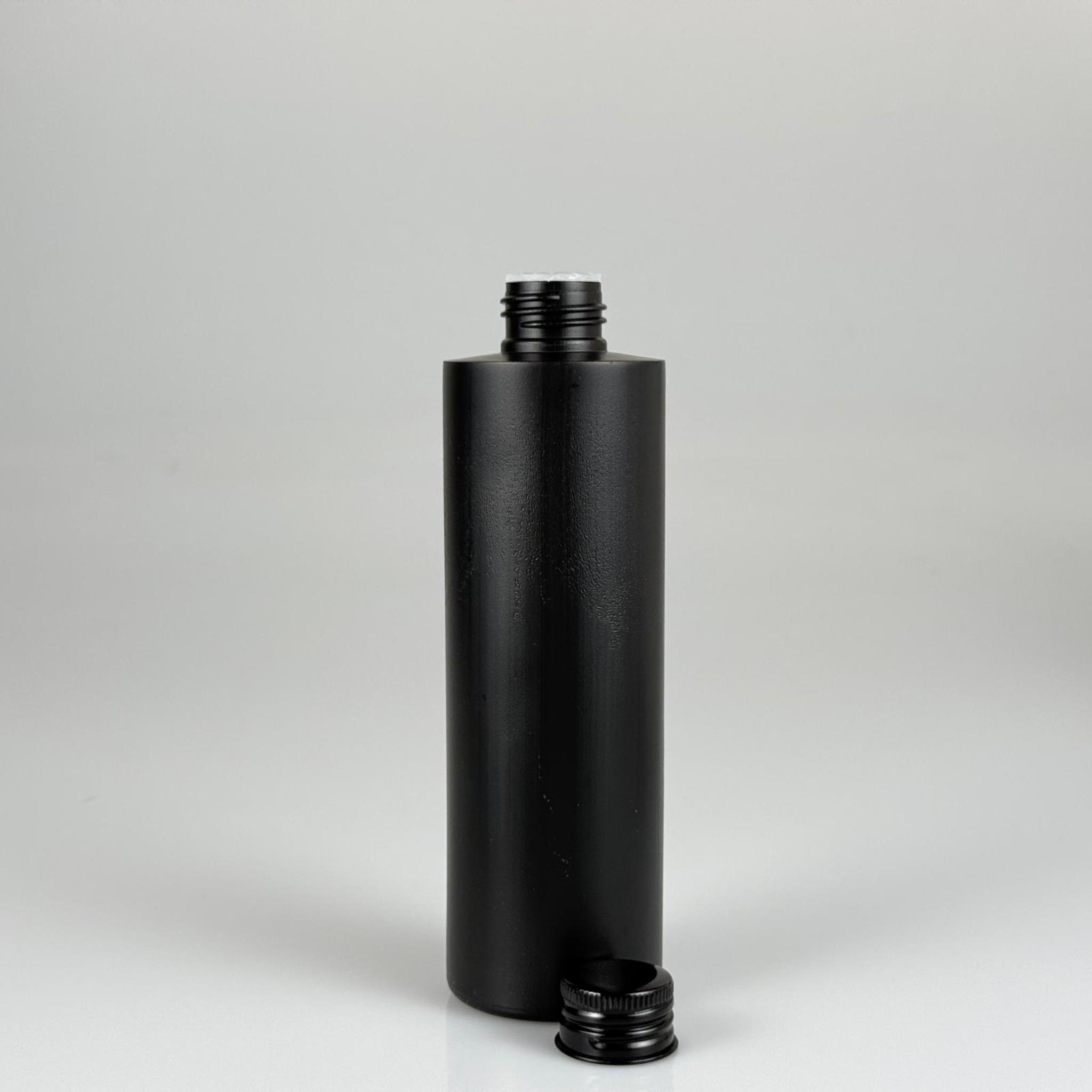 250 CC SİYAH SİLİNDİR MODEL MAT SERT POLİETİLEN ASETON ŞİŞESİ (24 AĞIZ) + KÖPÜK CONTALI SİYAH METAL ALÜMİNYUM KAPAK + KOLONYA TIPALI TAKIM - 250 ML KAPAKLI POLİETİLEN ŞİŞELER