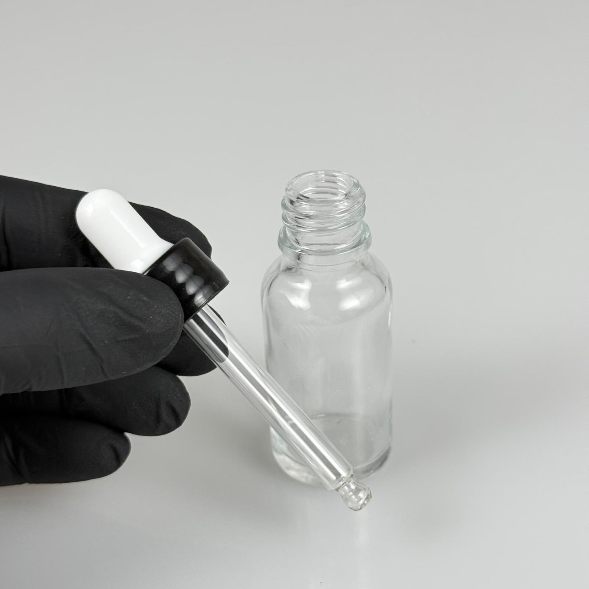 20 CC ŞEFFAF CAM DAMLALIKLI ŞİŞE - BEYAZ EMZİK + SİYAH DÜZ KAPAK + CAM PİPET TAKIM - 20 ML DAMLALIKLI ŞİŞE SETİ