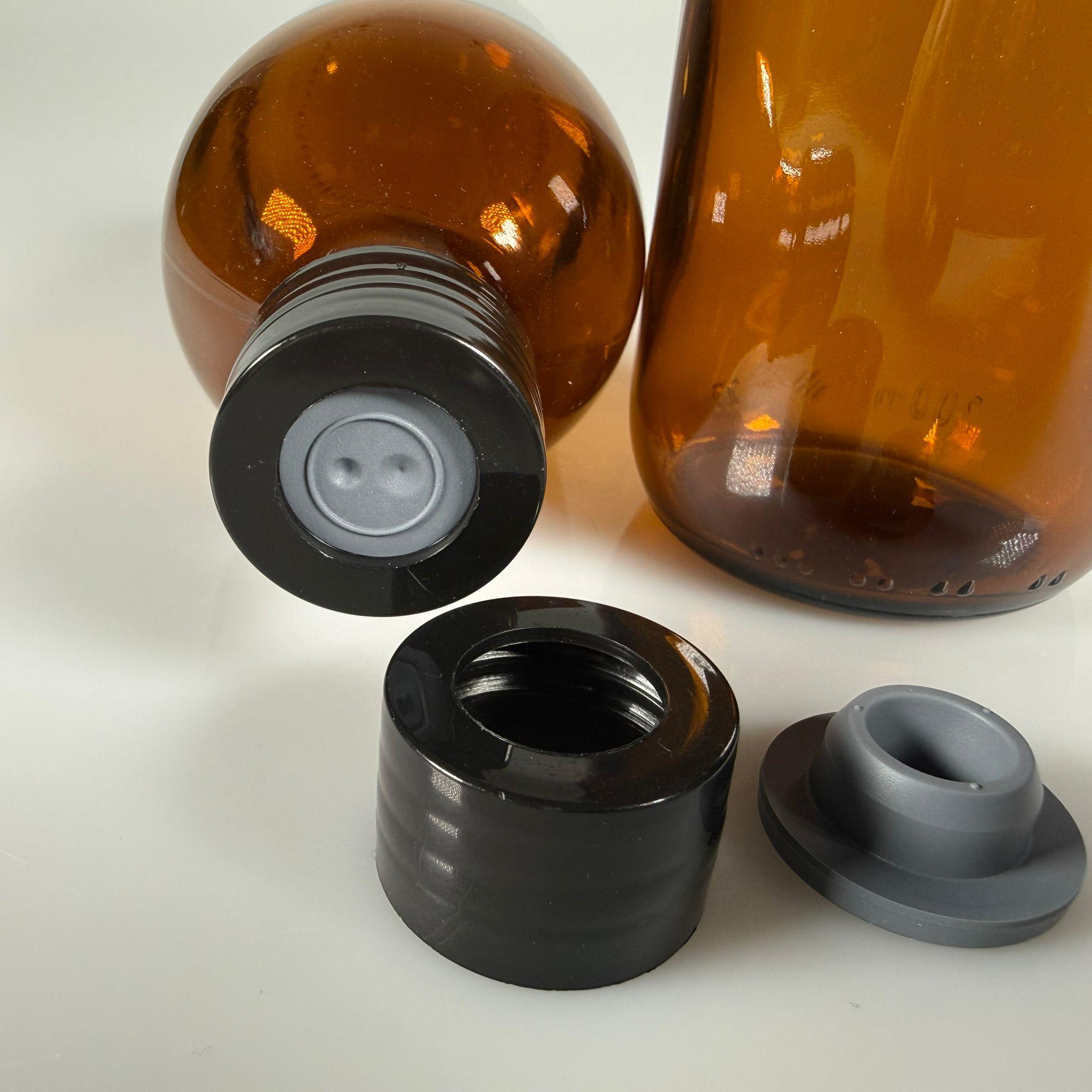 FLAKON ENJEKTÖR SERUM ŞİŞESİ - 300 ML ECZA CAM ŞİŞE + VİDALI DELİKLİ KAPAK (ELLE ÇEVİREREK KAPANIR) + KAUÇUK BUTİL TIPA TAKIM