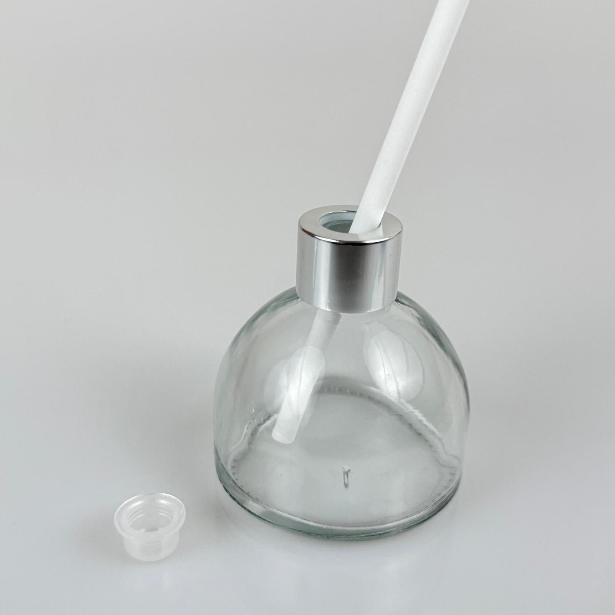 KUBBE MODEL CAM BAMBU ODA KOKUSU ŞİŞESİ + METAL GÜMÜŞ KAPAK + TIPA + KALIN BEYAZ FİBER BAMBU ÇUBUK - 50 ML SET TAKIM - HEDİYELİK PROMOSYON DİFFUSER ŞİŞELERİ