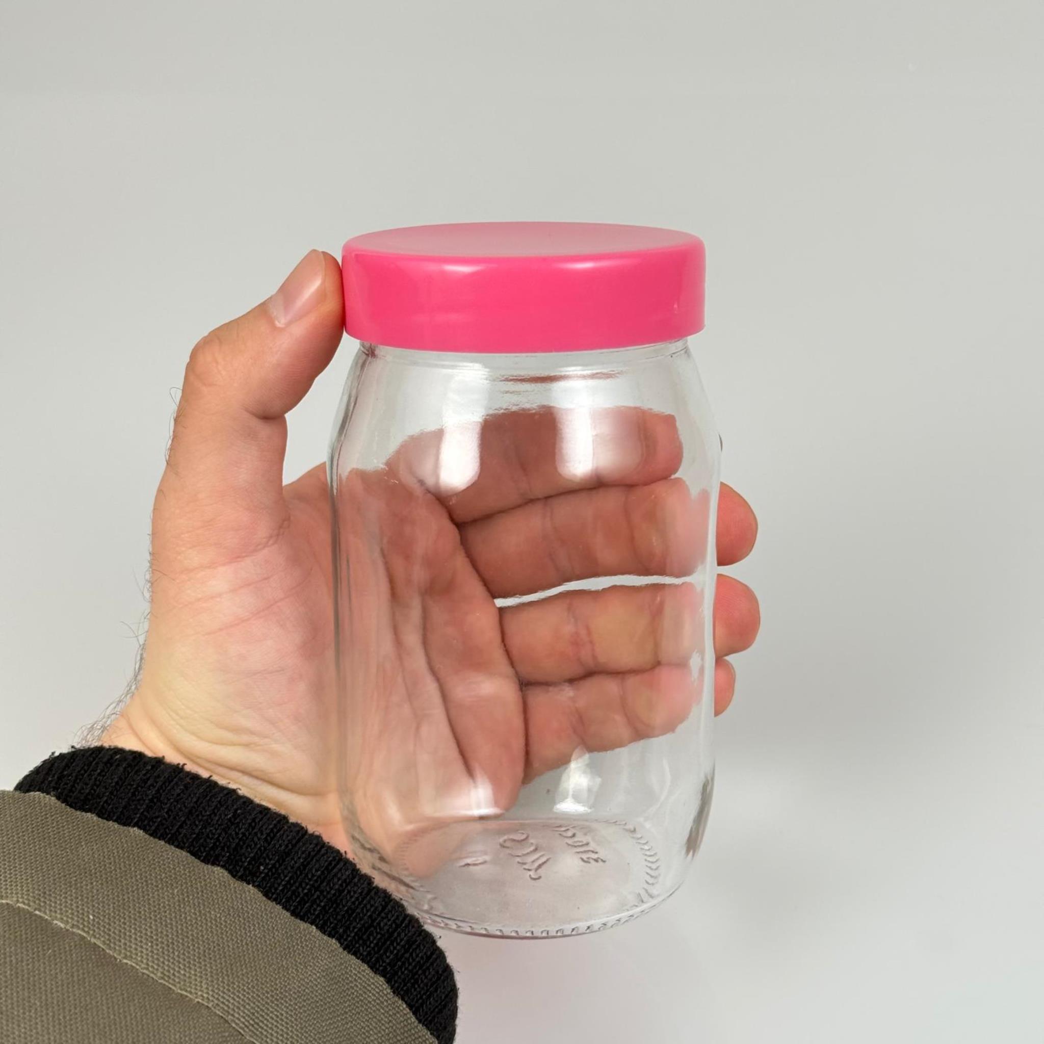 370 CC CAM KAVANOZ + PEMBE PLASTİK KAPAK - 370 ML PLASTİK KAPAKLI CAM KAVANOZ