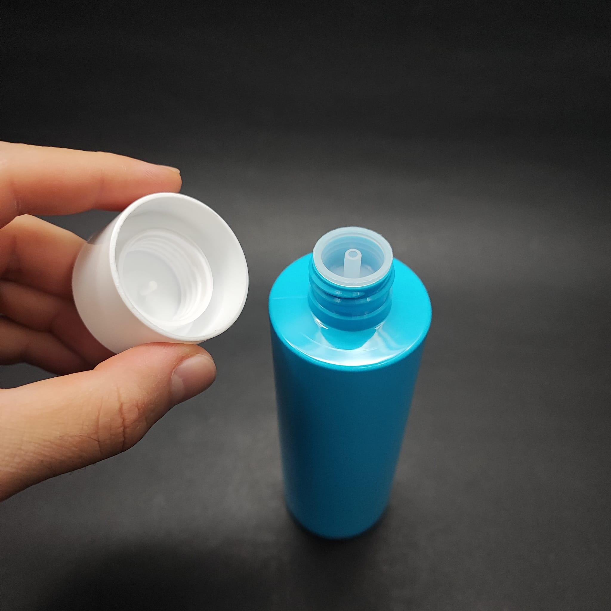200 CC KÜT BOYUNLU UZUN SİLİNDİR PET ŞİŞE (24 GR) - BEYAZ KOLONYA LOSYON KAPAK + TIPA - 200 ML PLASTİK ŞİŞE - MAVİ
