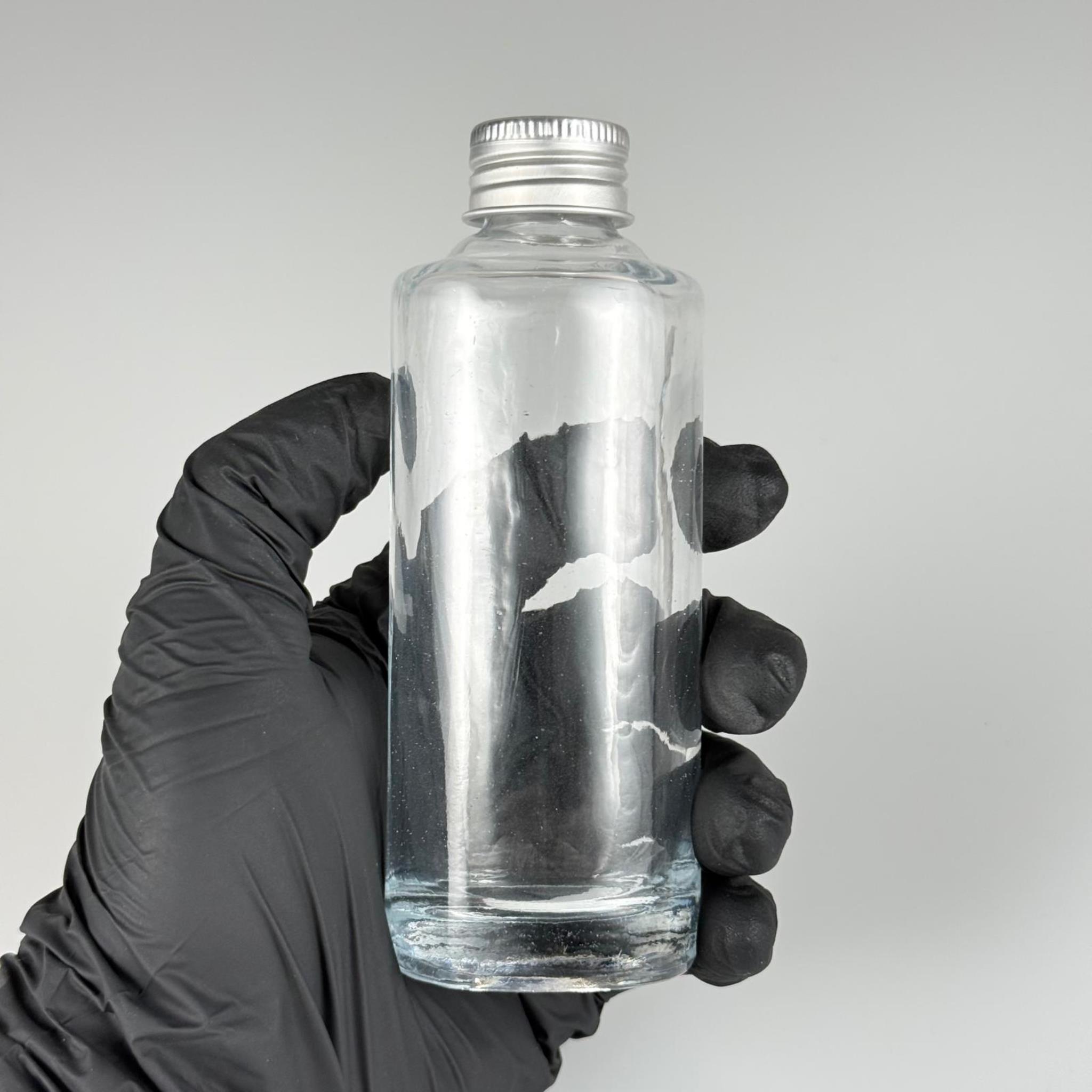 100 CC ŞEFFAF OVAL CAM ŞİŞE (24 AĞIZ) + KÖPÜK CONTALI GÜMÜŞ METAL ALÜMİNYUM KAPAK - 100 ML OVAL CAM ŞİŞE