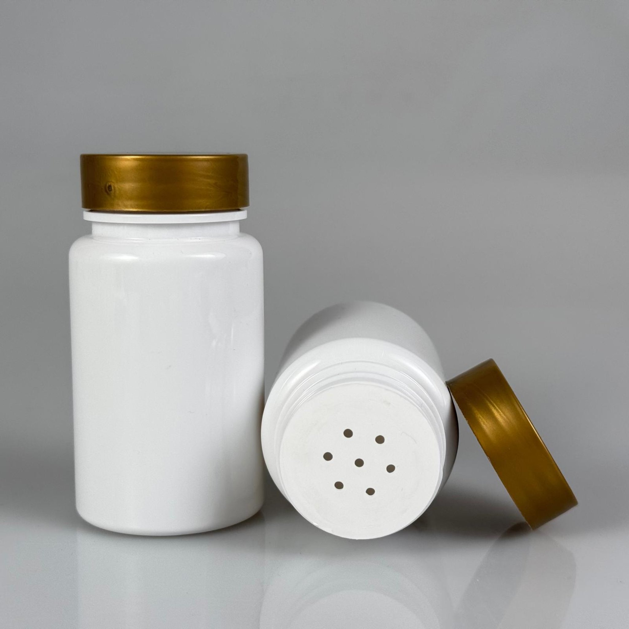 100 CC BEYAZ PET PUDRA ŞİŞESİ + GOLD PLASTİK KAPAKLI + PUDRA TIPALI TAKIM - 100 ML PUDRA KUTUSU, EKO TUZLUK