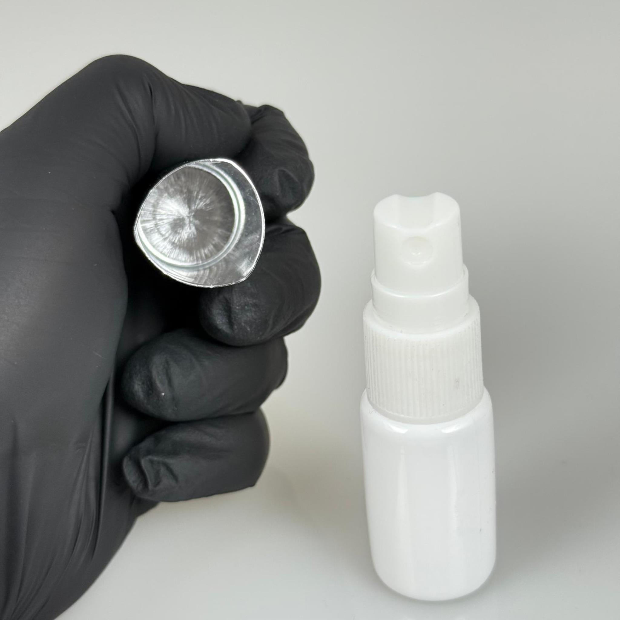 10 ML PET KOLONYA, PARFÜM VB ŞİŞELERİ - METAL ALÜMİNYUM GÜMÜŞ KAPAK + VİDALI SPREY + 10 CC BEYAZ SHOT ŞİŞE SET TAKIM