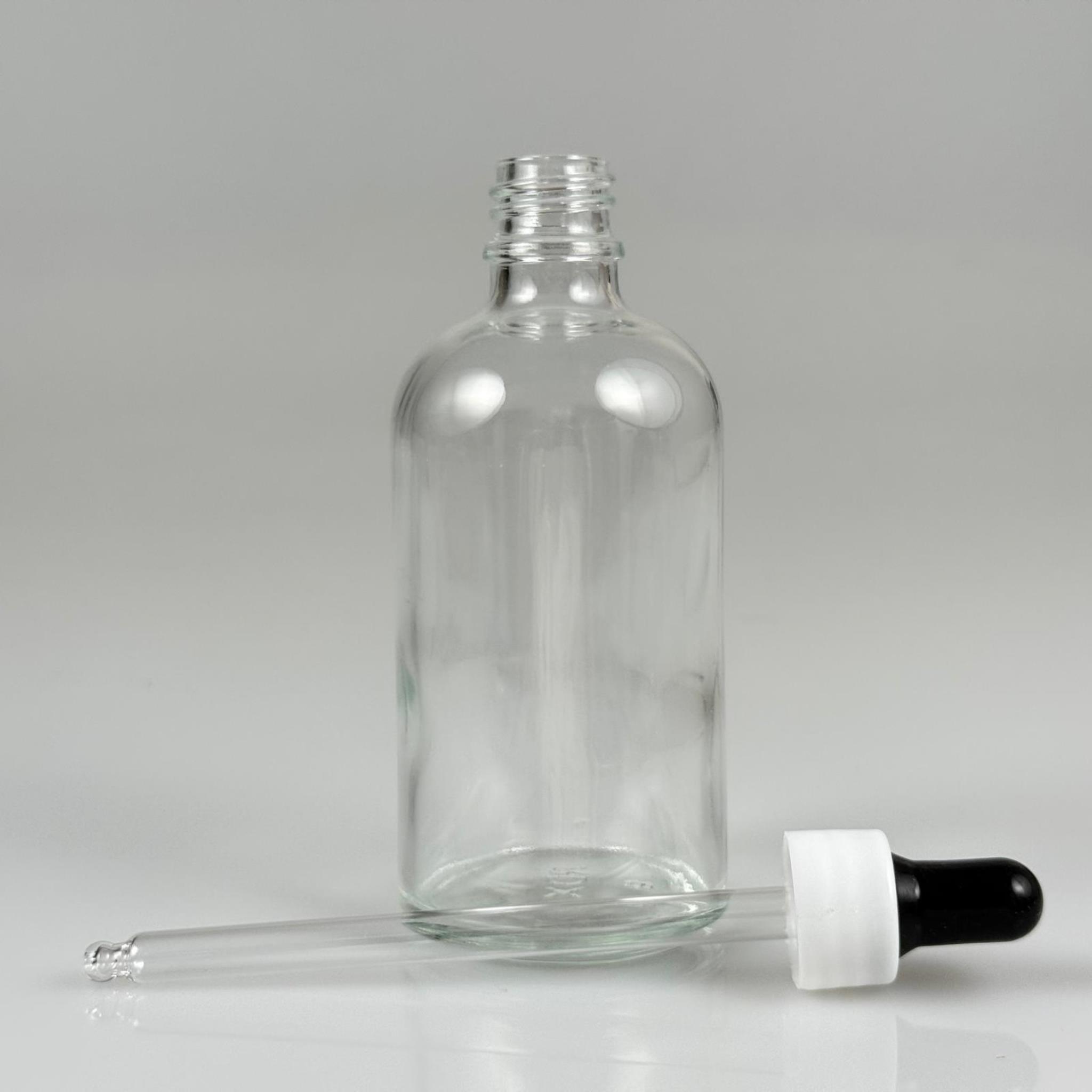 100 CC ŞEFFAF CAM DAMLALIKLI ŞİŞE - SİYAH EMZİK + BEYAZ DÜZ KAPAK + CAM PİPET TAKIM - 100 ML DAMLALIKLI ŞİŞE SETİ