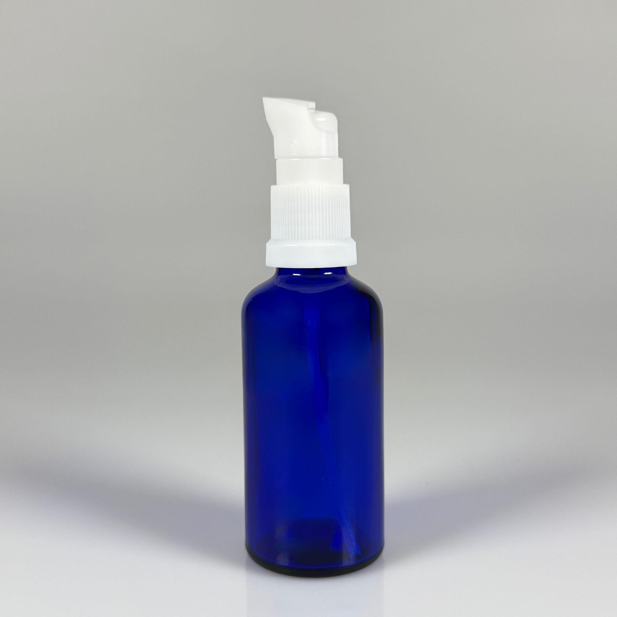 50 CC MAVİ CAM ŞİŞE - SIZDIRMAZ ETEKLİ BEYAZ LOSYON POMPALI TAKIM - 50 ML LOSYON ŞİŞESİ - YAĞ, KREM GİBİ YOĞUN KIVAMLI SIVILAR İÇİN CAM AMBALAJ