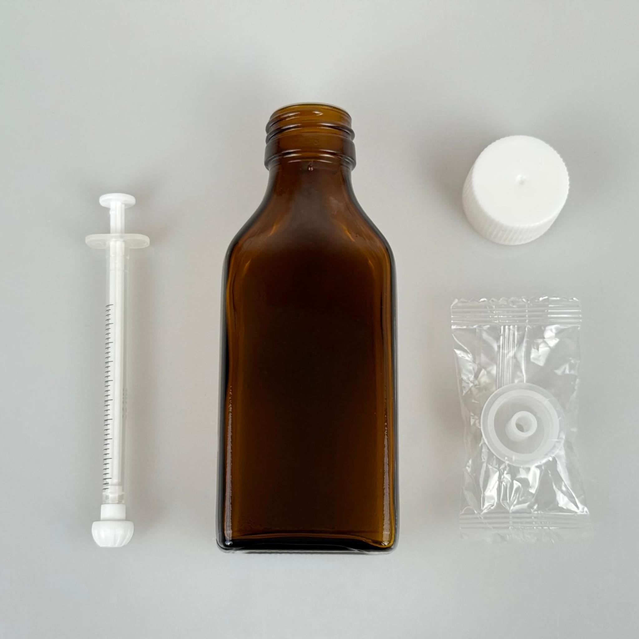 100 ML YASSI CAM ECZA ŞİŞESİ + 1 ML DOZAJ PİPETİ + DOZAJ TIPASI + CONTALI PLASTİK KAPAK TAKIM