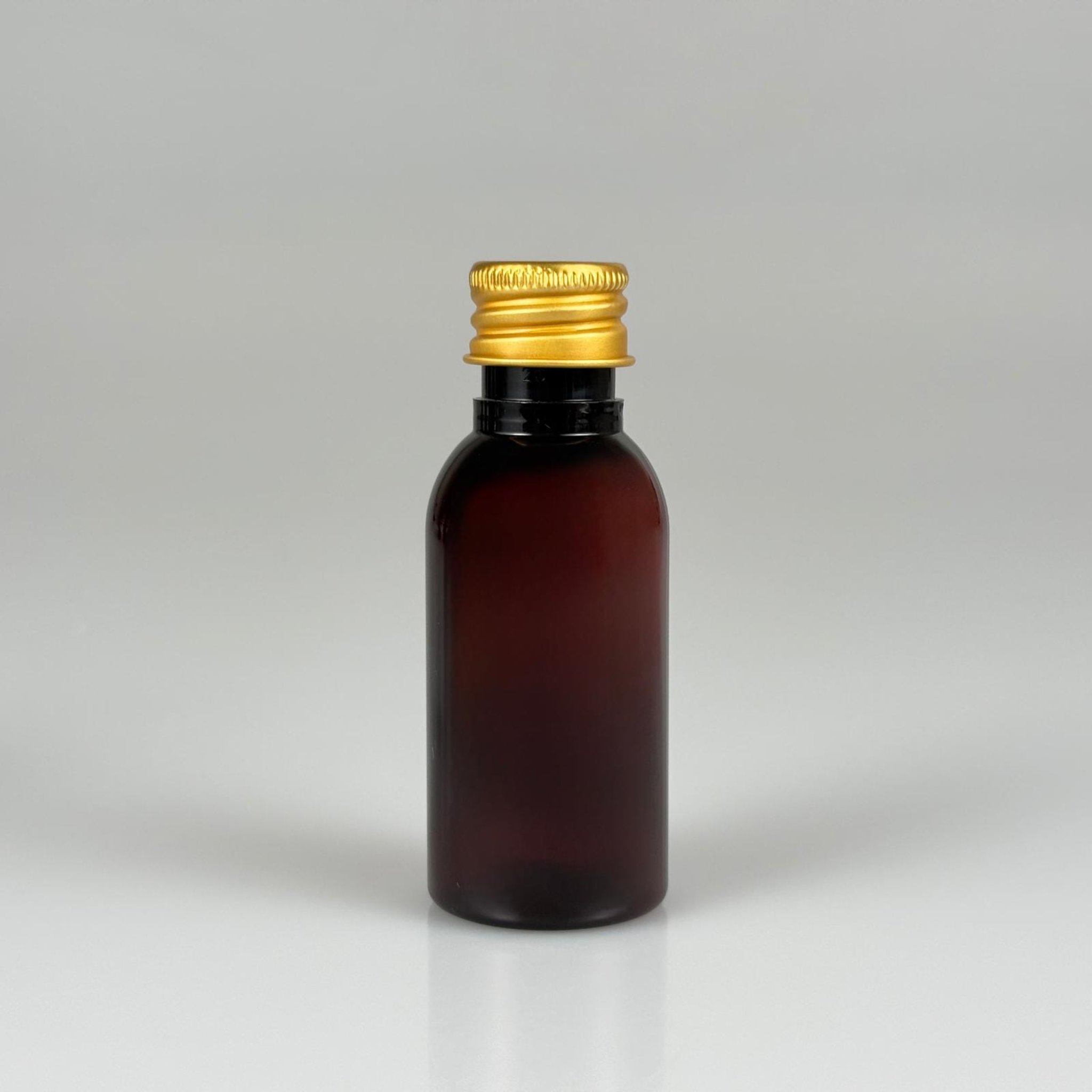 35 CC AMBER PET ŞİŞE - KÖPÜK CONTALI GOLD ALÜMİNYUM METAL KAPAKLI TAKIM - 35 ML KAHVERENGİ PET ŞİŞE