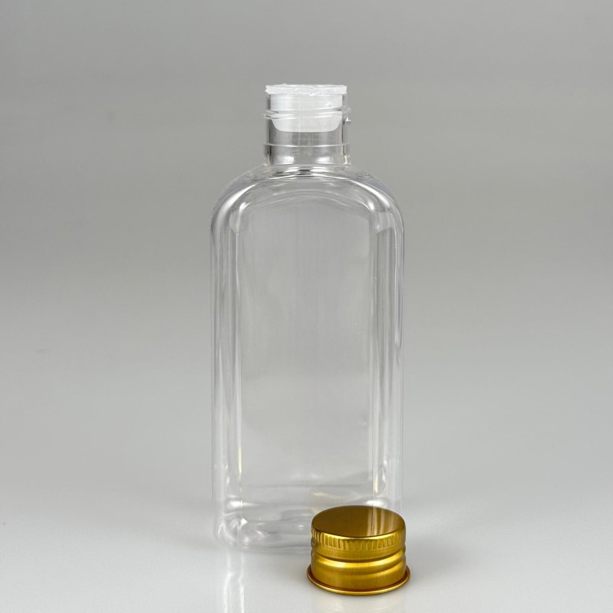 140 CC YASSI KÖŞELİ MODEL ŞEFFAF PET ŞİŞE (24 AĞIZ) + KÖPÜK CONTALI GOLD METAL ALÜMİNYUM KAPAK + KOLONYA TIPALI TAKIM - 140 ML KAPAKLI PLASTİK ŞİŞELER