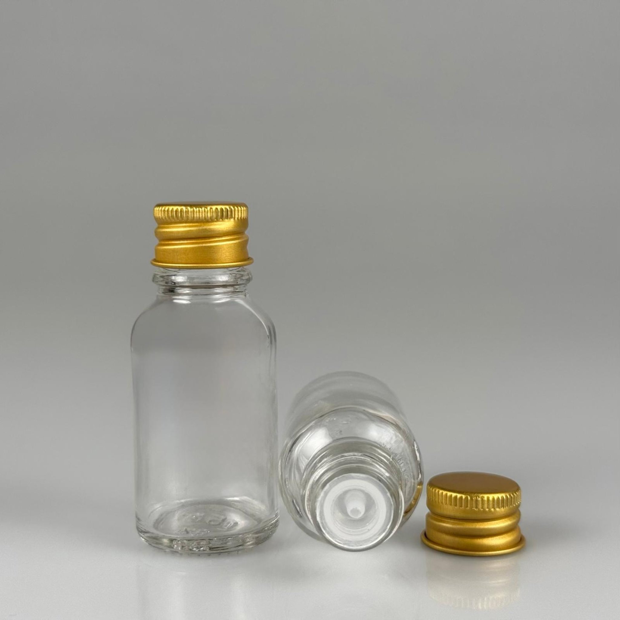 15 CC ŞEFFAF CAM ŞİŞE + KÖPÜK CONTALI GOLD ALÜMİNYUM METAL KAPAKLI + DAMLALIKLLI KOLONYA TIPALI TAKIM - 15 ML ŞEFFAF CAM ŞİŞE