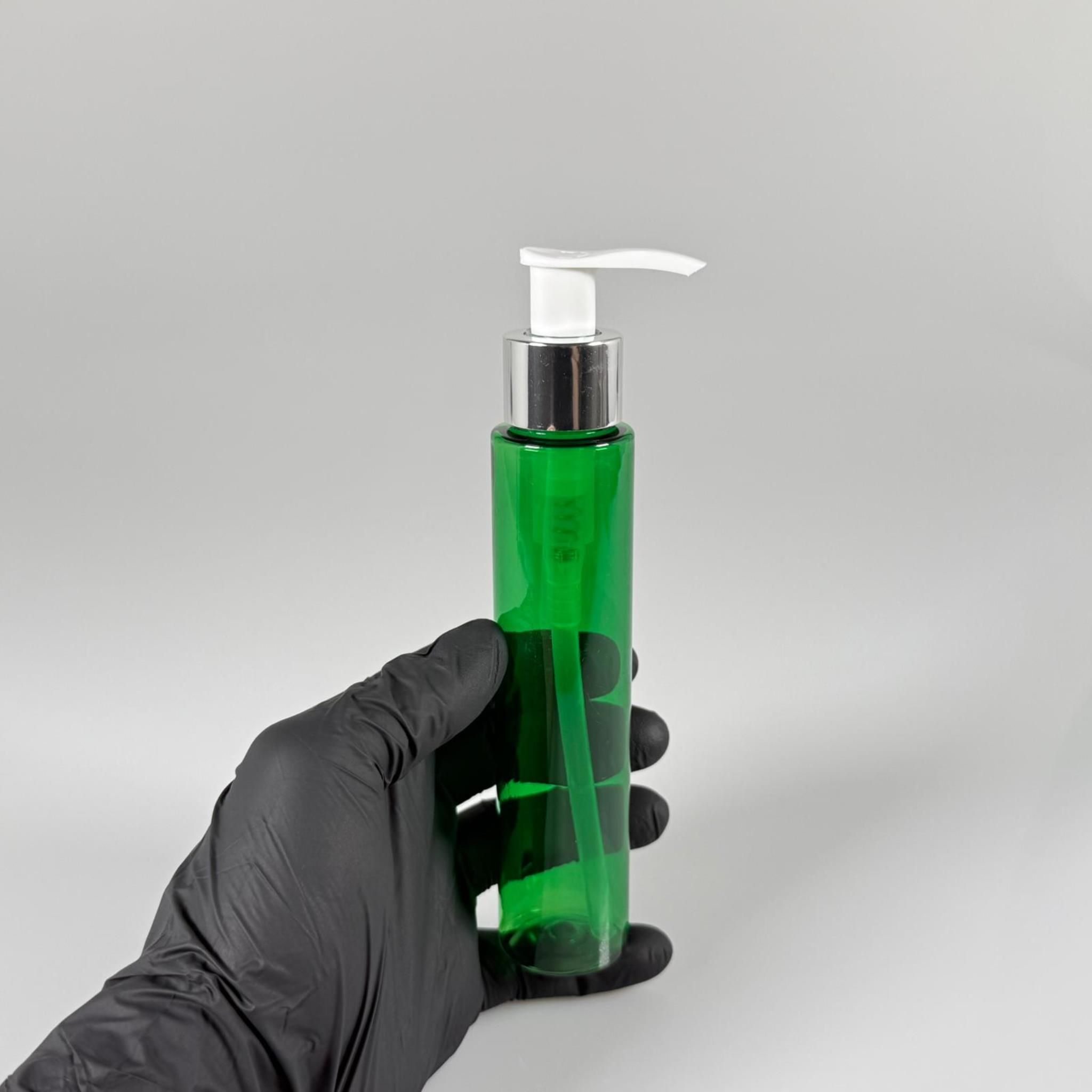 100 CC UZUN SİLİNDİR YEŞİL PET ŞİŞE (24 GR)  - GÜMÜŞ SABUN POMPALI - 100 ML BİBERİYE SUYU, LAVANTA YAĞI, SAÇ SERUM, TONİK VB İÇİN PLASTİK KOZMETİK AMBALAJLARI