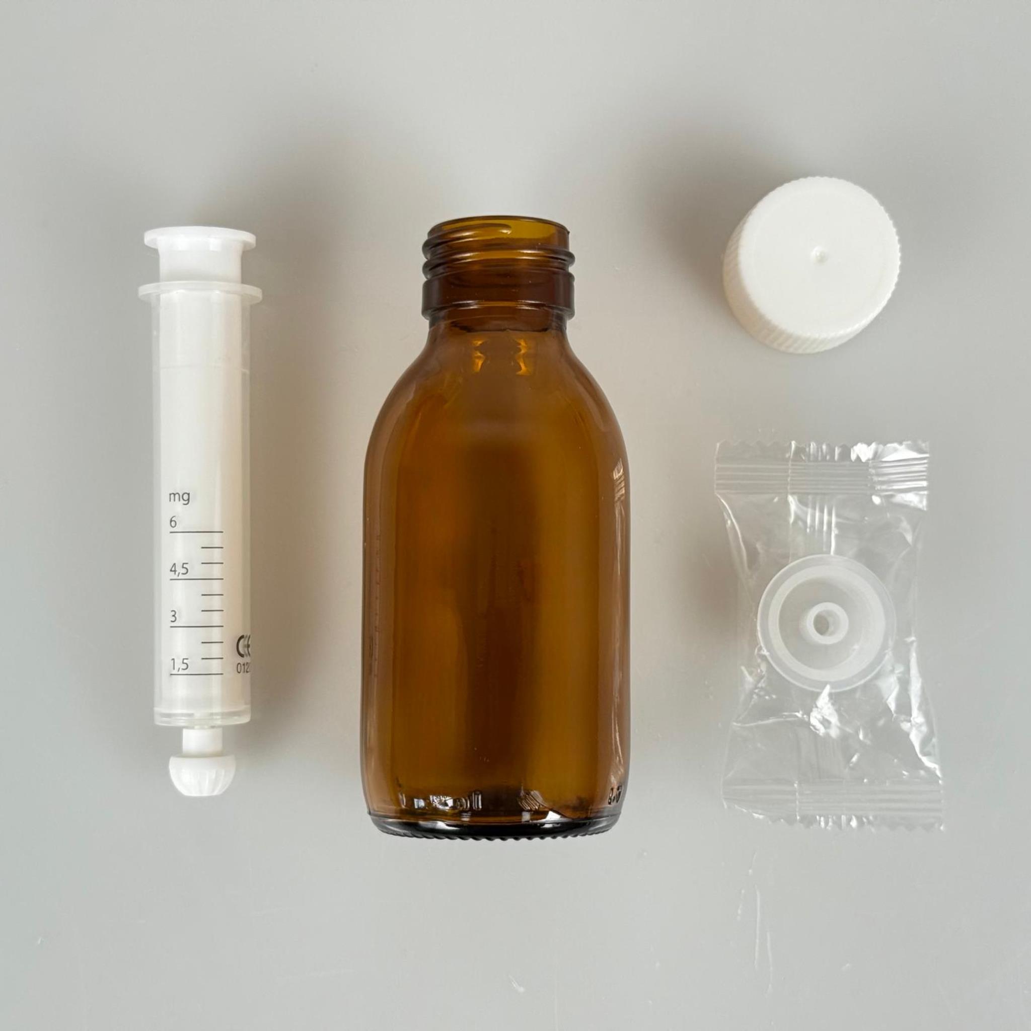 100 ML CAM ECZA ŞİŞESİ + 6 ML DOZAJ PİPETİ + DOZAJ TIPASI + CONTALI PLASTİK KAPAK TAKIM