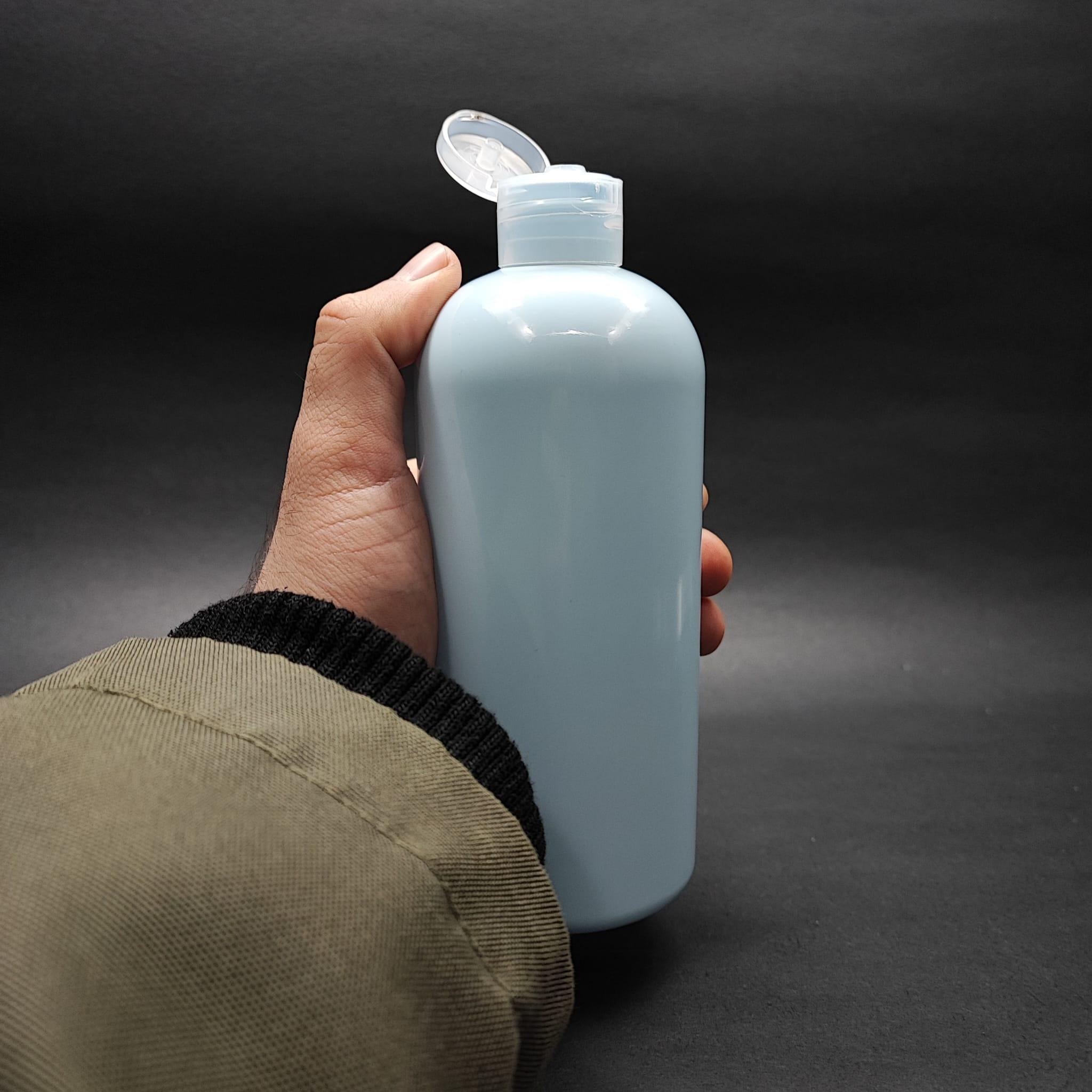 400 CC OVAL BOYUNLU SİLİNDİR PET ŞİŞE (30 GR) - ŞEFFAF FLİPTOP ŞAMPUAN KAPAKLI - 400 ML PLASTİK ŞİŞE - BEBEK MAVİSİ