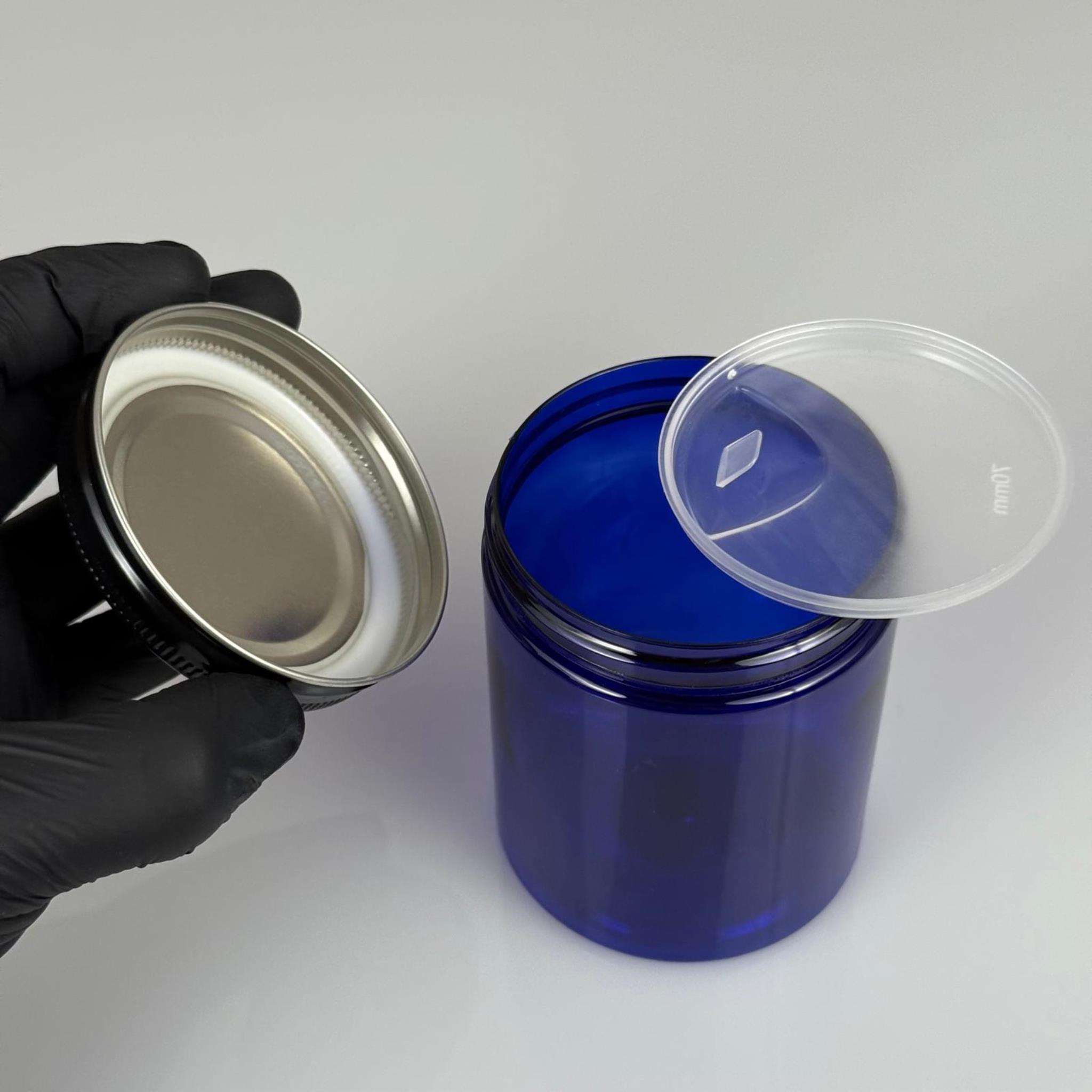 300 ML SERT PET KAVANOZ + SİYAH METAL KAPAK + İÇ TIPA - 300 CC KALIN MAVİ PLASTİK KAVANOZ SİYAH METAL KAPAKLI İÇ TIPALI TAKIM - KREM KAVANOZLARI
