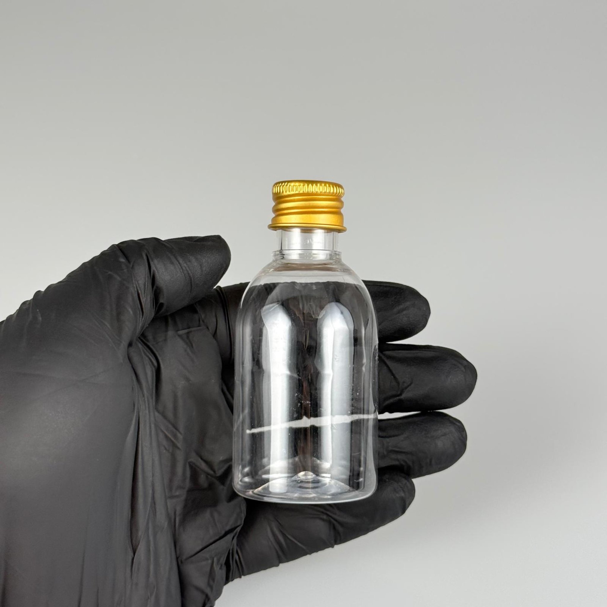 50  CC BUKLET PET ŞİŞE + KÖPÜK CONTALI GOLD ALÜMİNYUM METAL KAPAKLI + DAMLALIKLI KOLONYA TIPALI TAKIM - 50 ML PLASTİK ŞİŞE