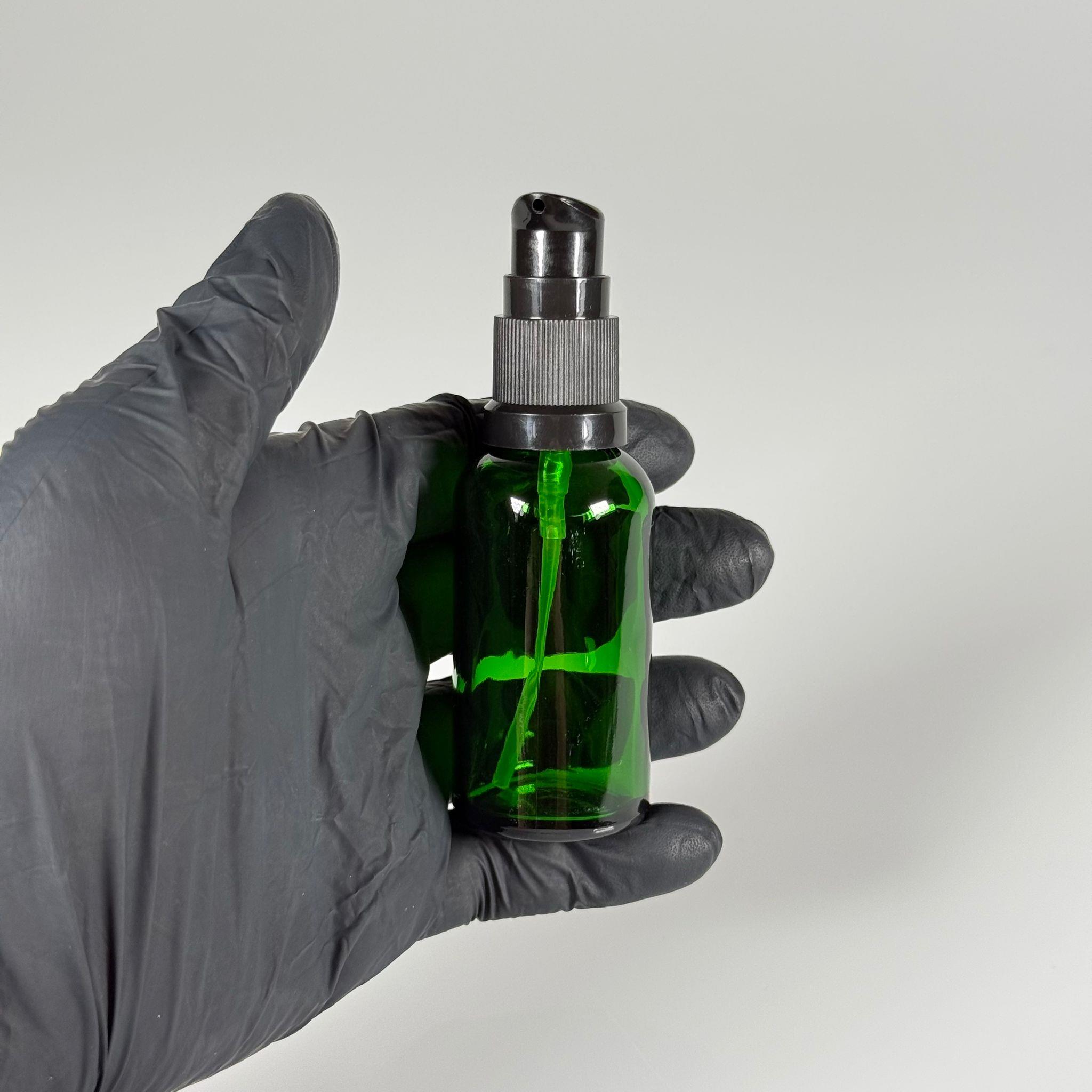 30 CC YEŞİL CAM ŞİŞE - SIZDIRMAZ ETEKLİ SİYAH LOSYON POMPALI TAKIM - 30 ML LOSYON ŞİŞESİ - YAĞ, KREM GİBİ YOĞUN KIVAMLI SIVILAR İÇİN CAM AMBALAJ