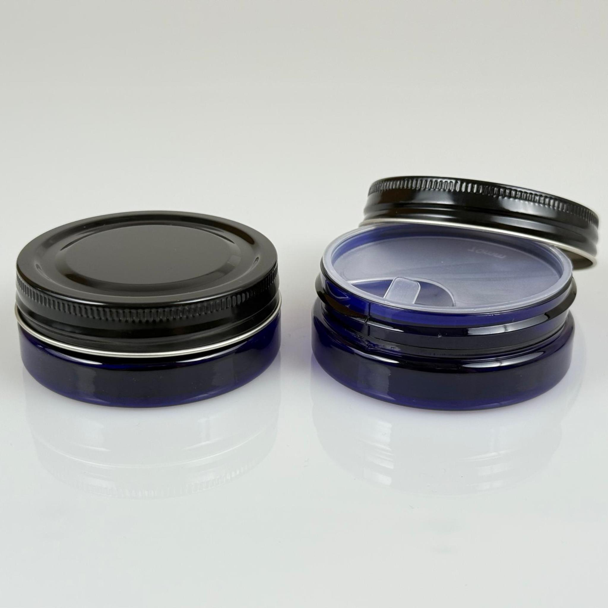 50 ML SERT PET KAVANOZ + SİYAH METAL KAPAK + İÇ TIPA - 50 CC KALIN MAVİ PLASTİK KAVANOZ SİYAH METAL KAPAKLI İÇ TIPALI TAKIM - KREM KAVANOZLARI