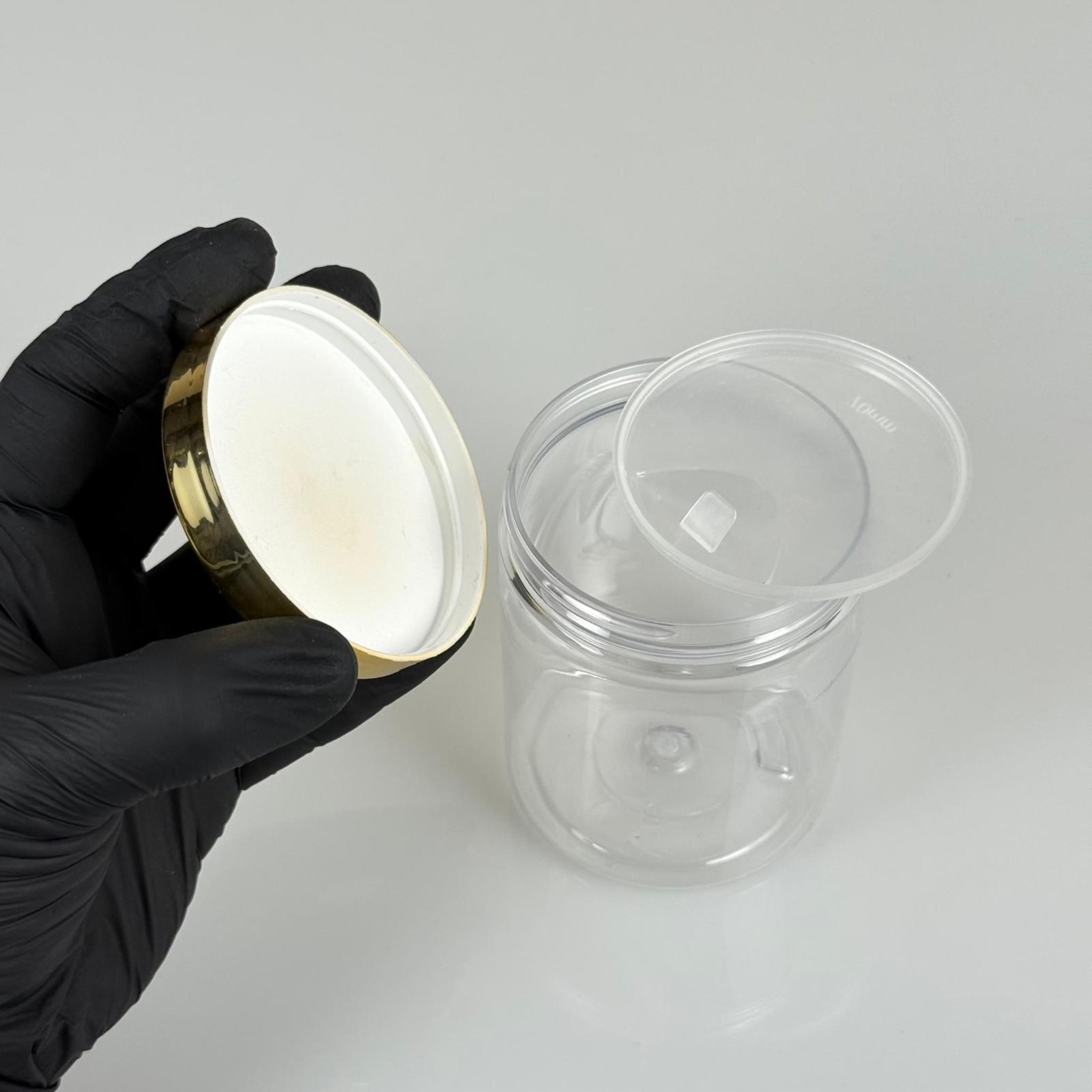 300 ML SERT PET KAVANOZ + GOLD KAPLAMA PLASTİK KAPAK + İÇ TIPA - 300 CC KALIN ŞEFFAF PLASTİK KAVANOZ GOLD KAPLAMALI PLASTİK KAPAKLI İÇ TIPALI TAKIM - KREM KAVANOZLARI
