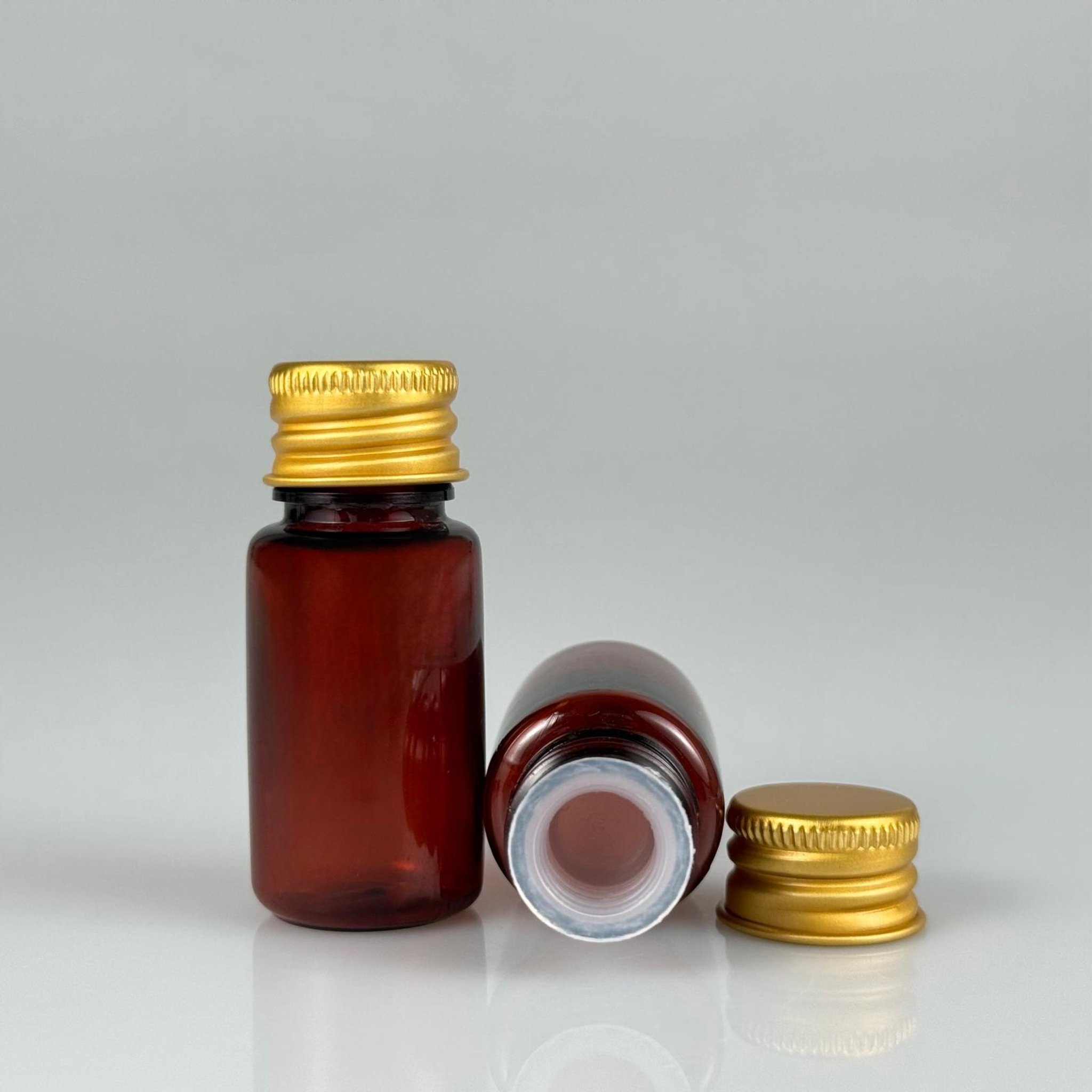 10 CC AMBER PET SHOT ŞİŞE - KÖPÜK CONTALI GOLD ALÜMİNYUM METAL KAPAKLI + KÖR TIPALI TAKIM - 10 ML KAHVERENGİ PLASTİK ŞİŞE