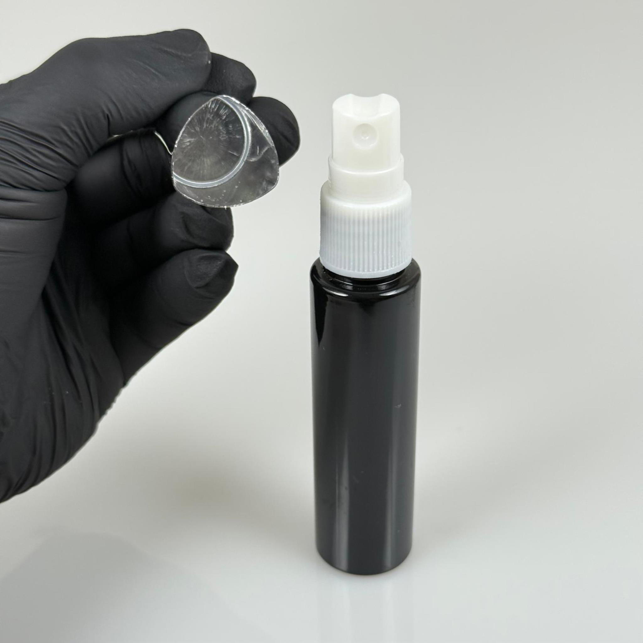 35 ML PET KOLONYA, PARFÜM VB ŞİŞELERİ - METAL ALÜMİNYUM GÜMÜŞ KAPAK + VİDALI SPREY + 35 CC SİYAH ŞİŞE SET TAKIM