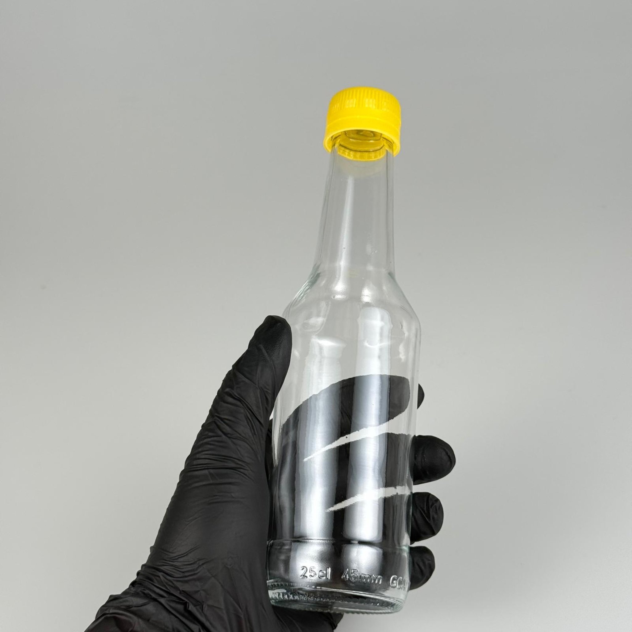 250 CC BOĞAZLI CAM ŞİŞE - SARI KİLİTLİ PLASTİK KAPAKLI - 250 ML BOŞ CAM ŞİŞE