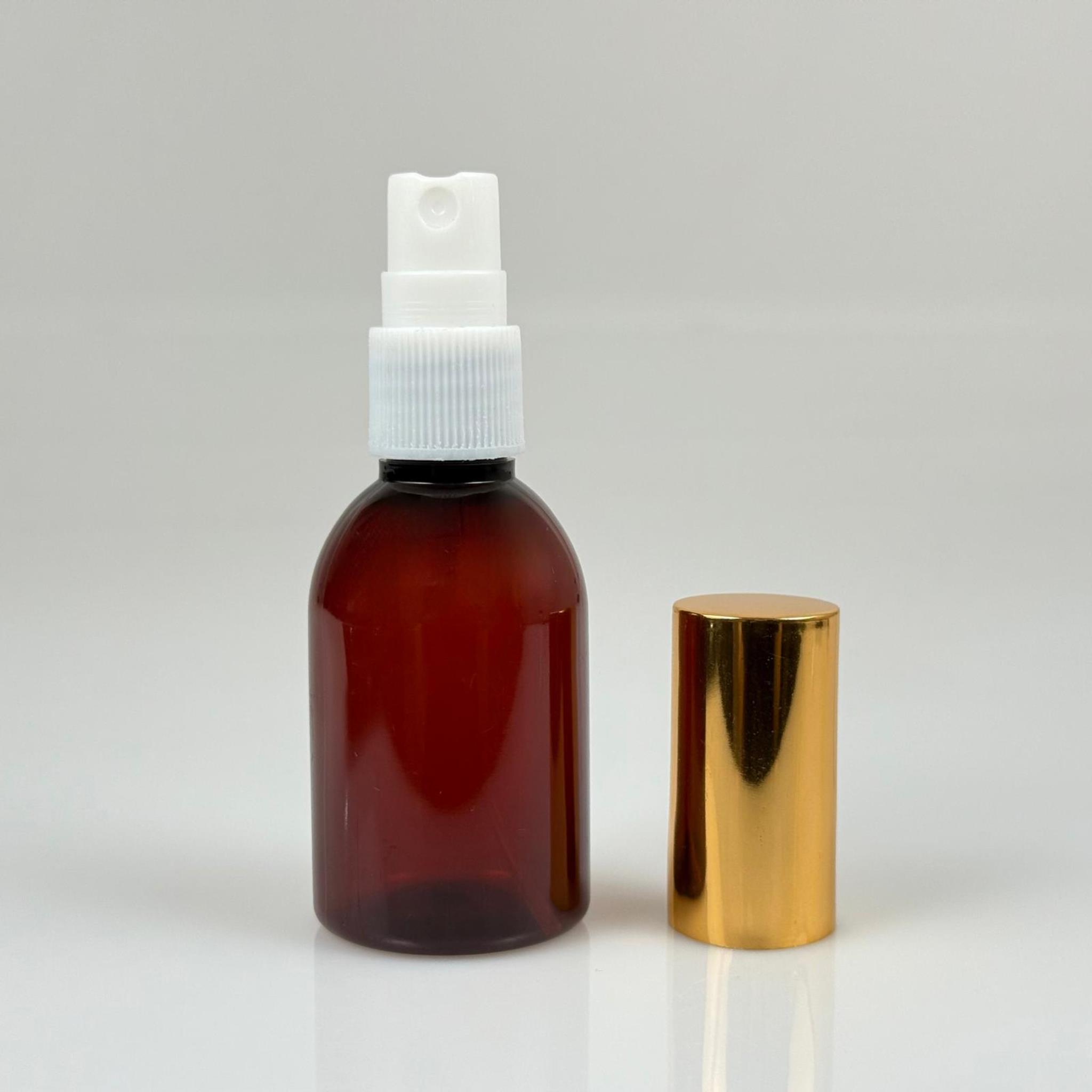 50 ML PET KOLONYA, PARFÜM VB ŞİŞELERİ - METAL ALÜMİNYUM GOLD KAPAK + VİDALI SPREY + 50 CC AMBER ŞİŞE SET TAKIM