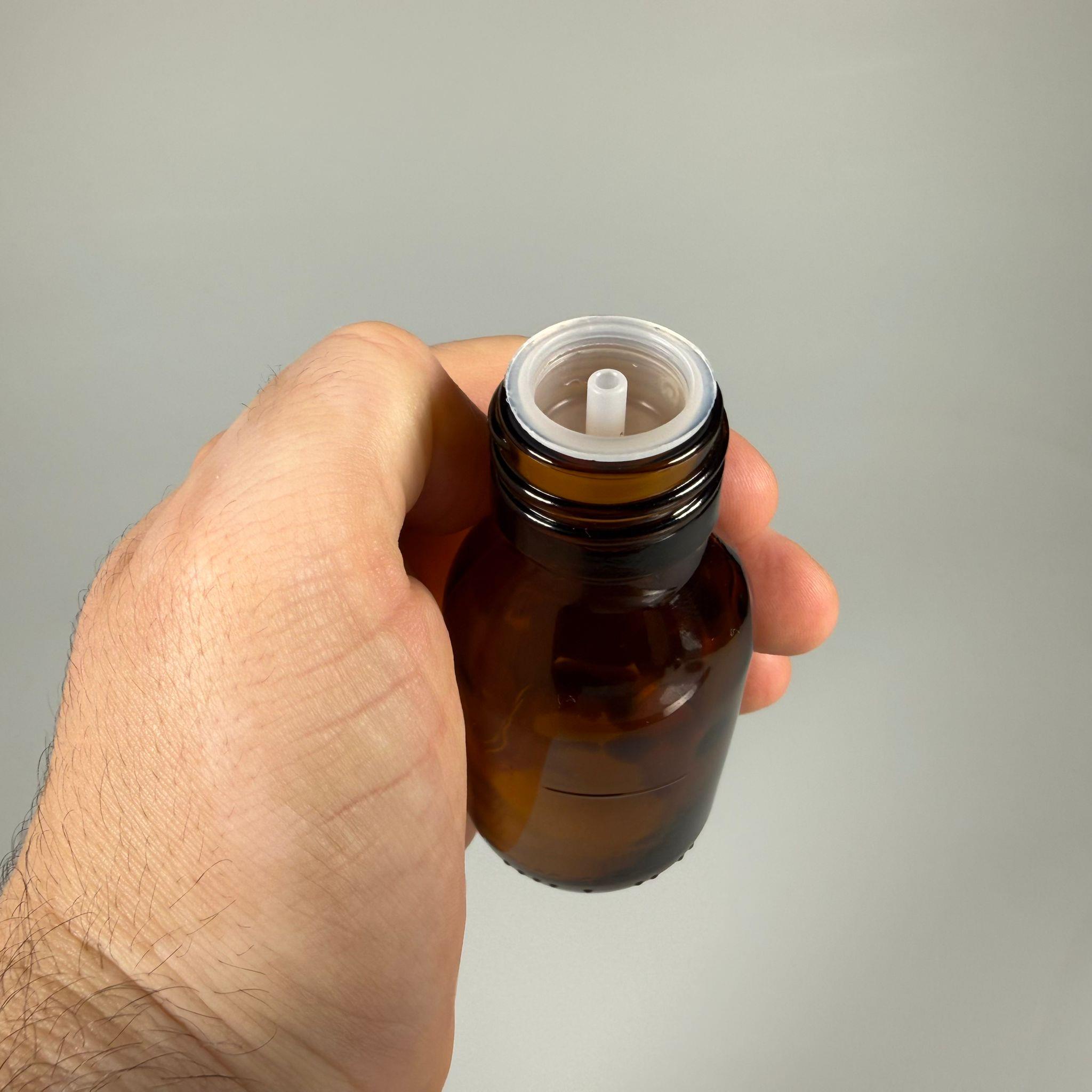 50 ML DOLUMU KOLAY, GENİŞ AĞIZLI İÇTEN DAMLALIKLI ŞİŞE (28 MM AĞIZ)  - 50 CC SİYAH CONTALI KAPAKLI İÇTEN DAMLALIKLI CAM ECZA ŞİŞESİ - AMBER KAHVERENGİ