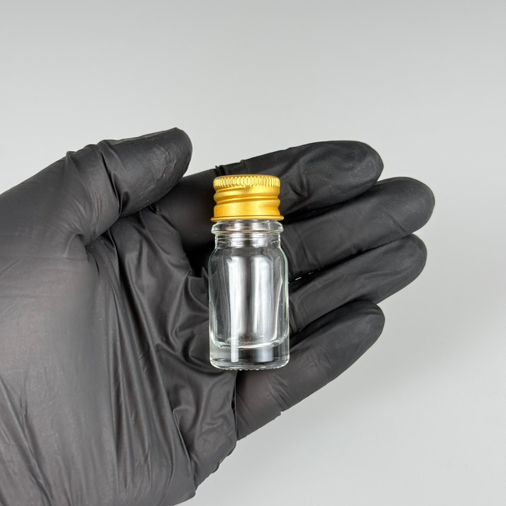 5 CC ŞEFFAF CAM ŞİŞE + KÖPÜK CONTALI GOLD ALÜMİNYUM METAL KAPAKLI + KOLONYA TIPALI TAKIM - 5 ML ŞEFFAF CAM ŞİŞE