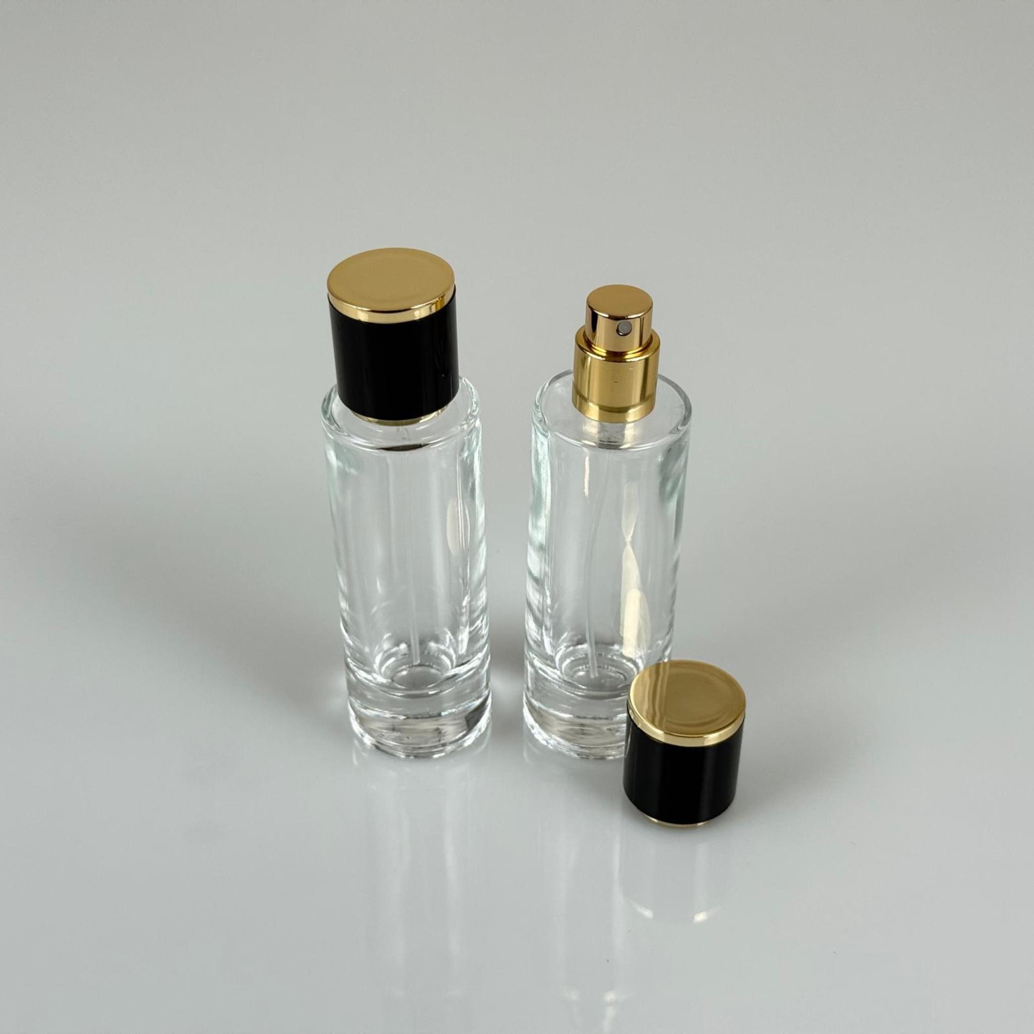 30 ML SİLİNDİR UZUN MODEL PARFÜM ŞİŞESİ - GOLD METAL SPREYLİ + GOLD SİYAH KAPAKLI (AĞIZ 15 MM GEÇME KOLAY KAPAMA)