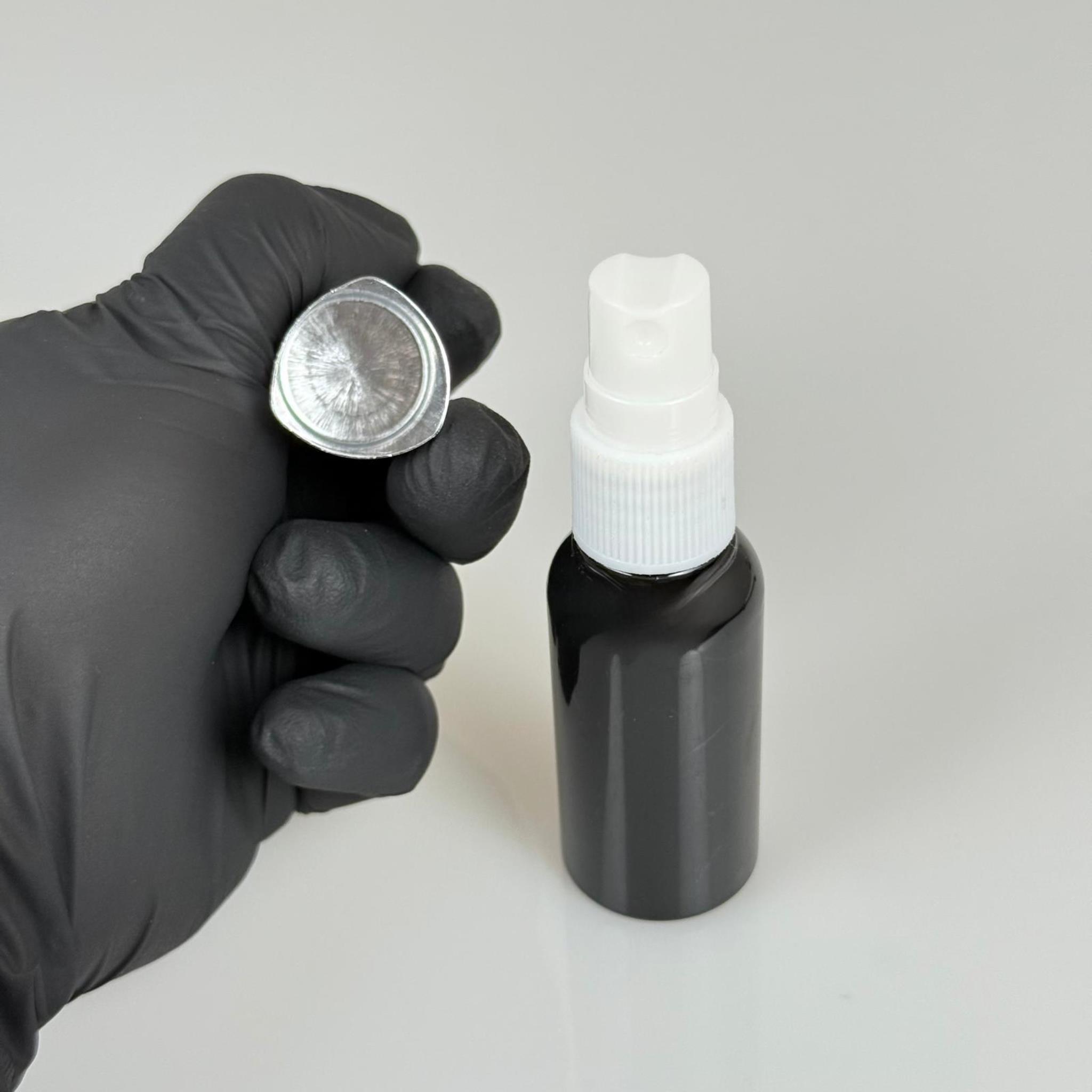 30 ML PET KOLONYA, PARFÜM VB ŞİŞELERİ - METAL ALÜMİNYUM GÜMÜŞ KAPAK + VİDALI SPREY + 30 CC SİYAH ŞİŞE SET TAKIM