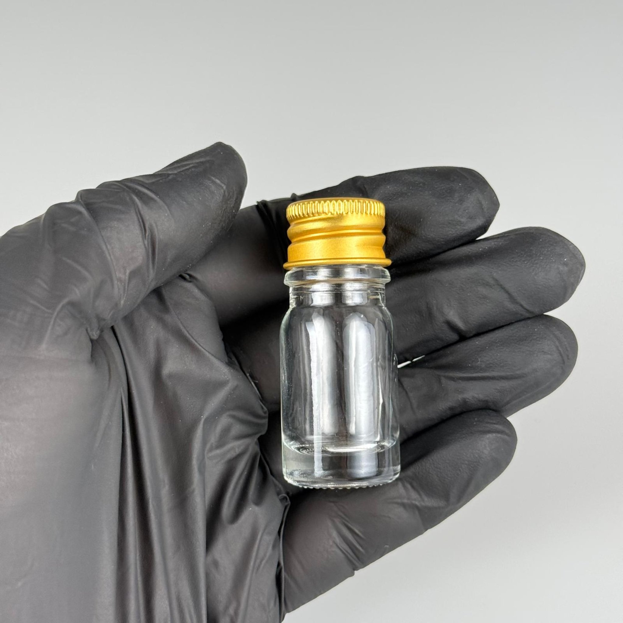 5 CC ŞEFFAF CAM ŞİŞE + KÖPÜK CONTALI GOLD ALÜMİNYUM METAL KAPAKLI + KÖR TIPALI TAKIM - 5 ML ŞEFFAF CAM ŞİŞE