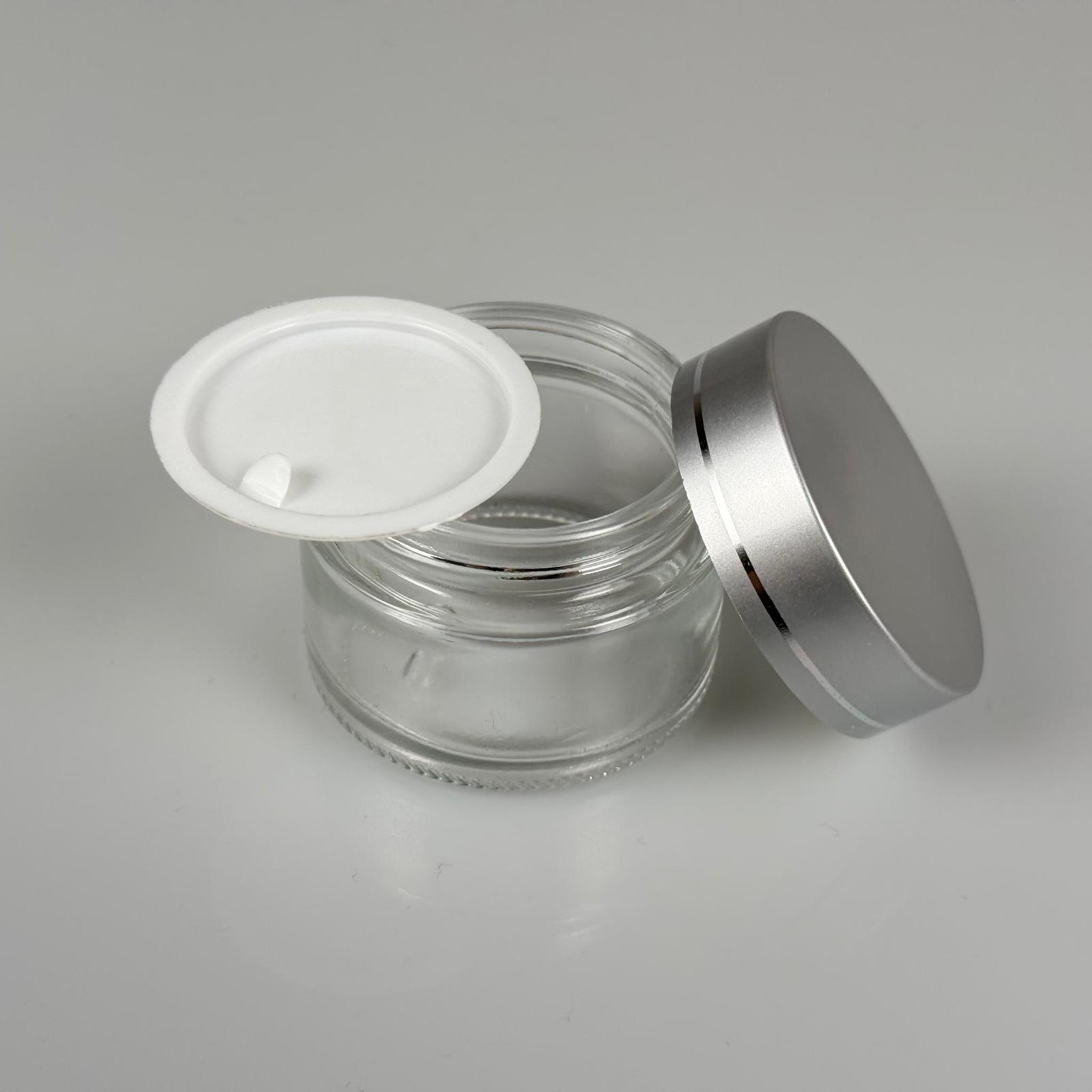 50 CC ŞEFFAF CAM KREM KAVANOZU + YALDIZLI GÜMÜŞ KAPAK + İÇ TIPA - 50 ML Kozmetik ve Bakım Ürünleri İçin Cam Kavanozları