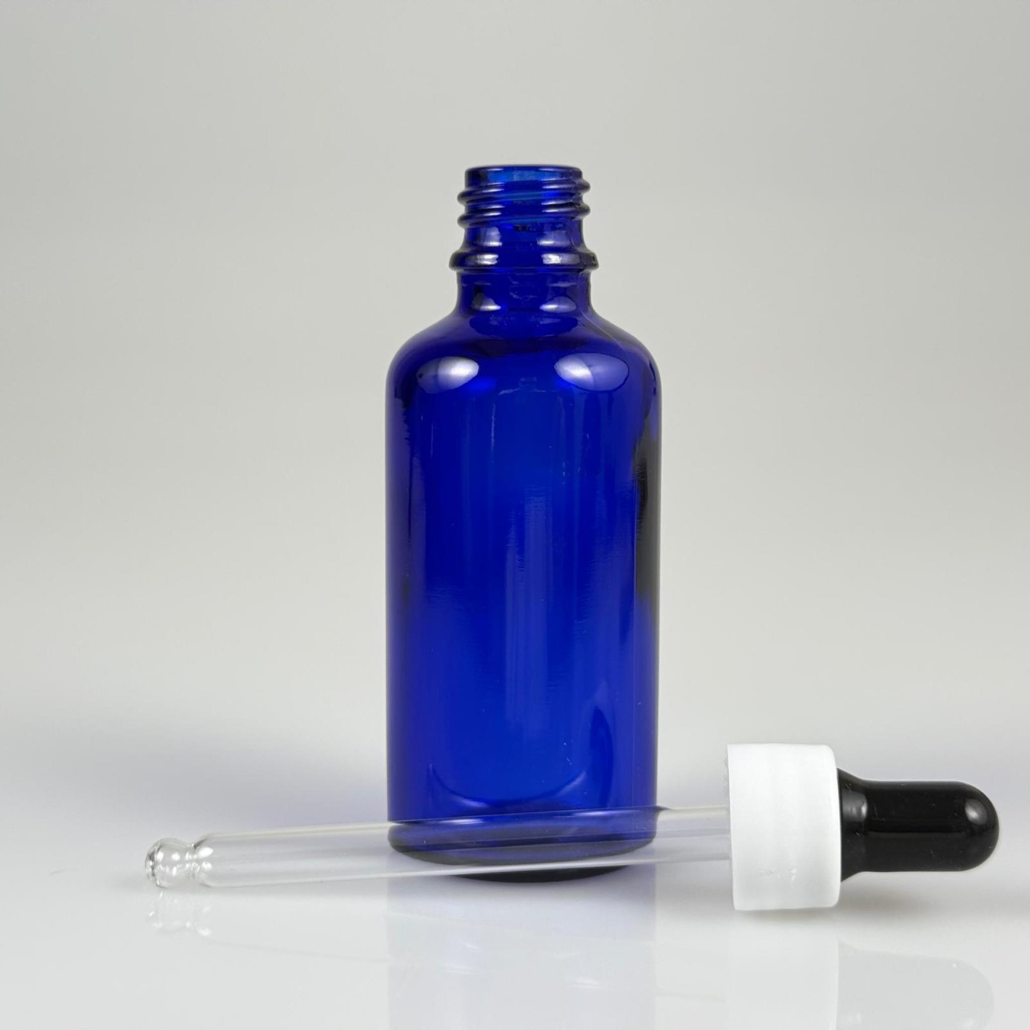50 CC MAVİ CAM DAMLALIKLI ŞİŞE - SİYAH EMZİK + BEYAZ DÜZ KAPAK + CAM PİPET TAKIM - 50 ML DAMLALIKLI ŞİŞE SETİ