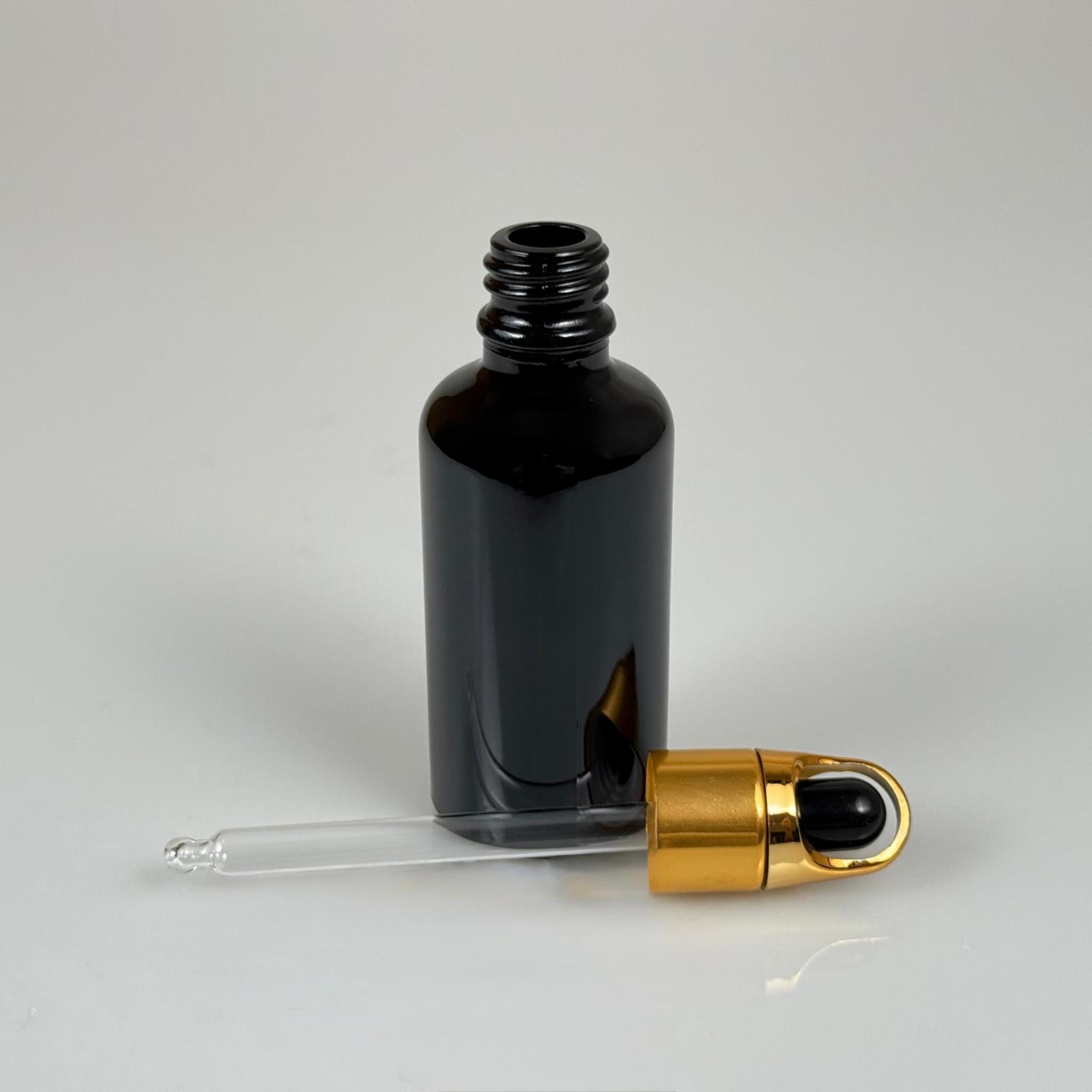 50 CC SİYAH CAM DAMLALIKLI ŞİŞE - SİYAH EMZİK - GOLD FLOWER SEPET MODEL METALİK KAPAK - 50 ML CAM DAMLALIKLI ŞİŞE