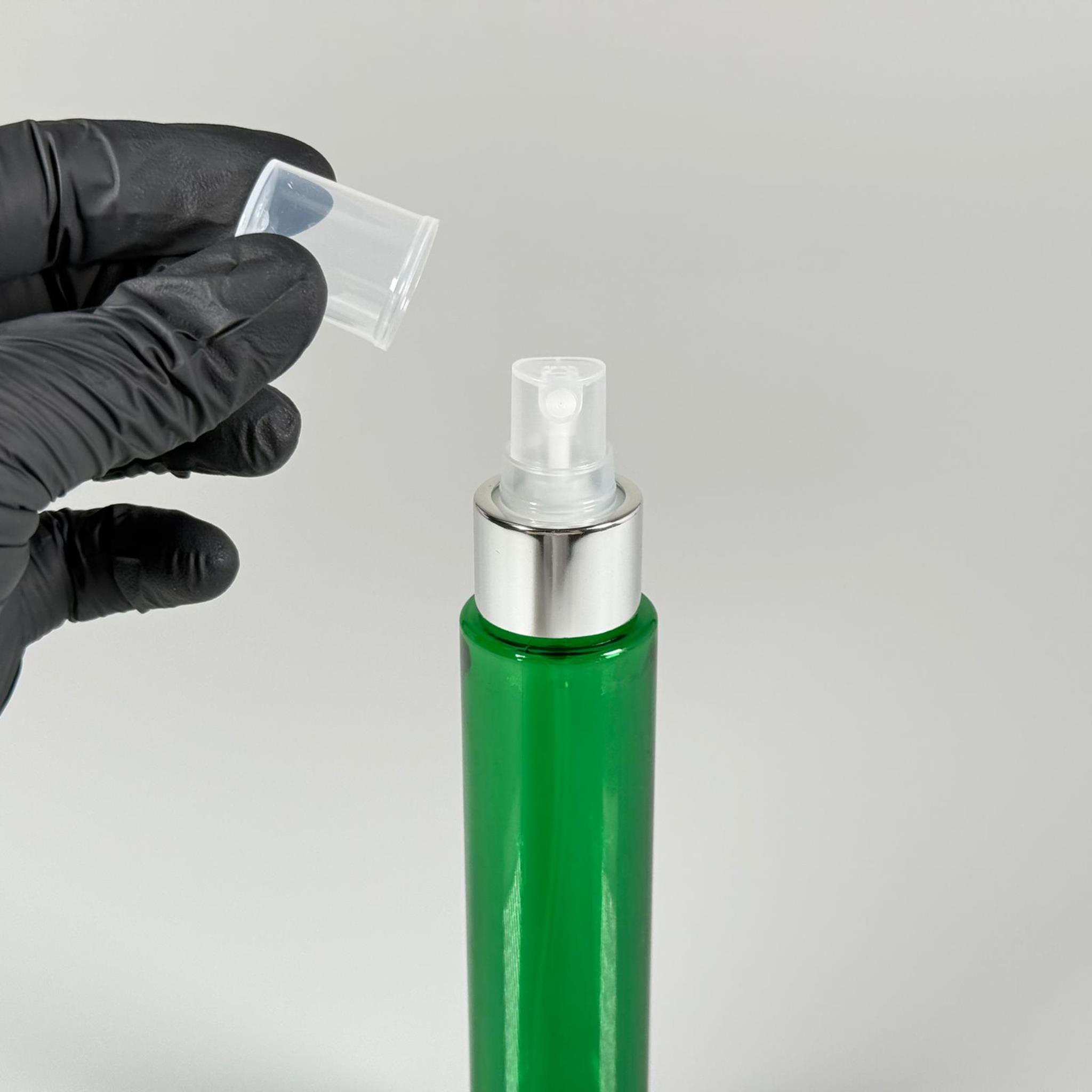 100 CC UZUN SİLİNDİR YEŞİL PET ŞİŞE (24 GR)  - GÜMÜŞ SPREYLİ - 100 ML BİBERİYE SUYU, LAVANTA YAĞI, SAÇ SERUM, TONİK VB İÇİN PLASTİK KOZMETİK AMBALAJLARI