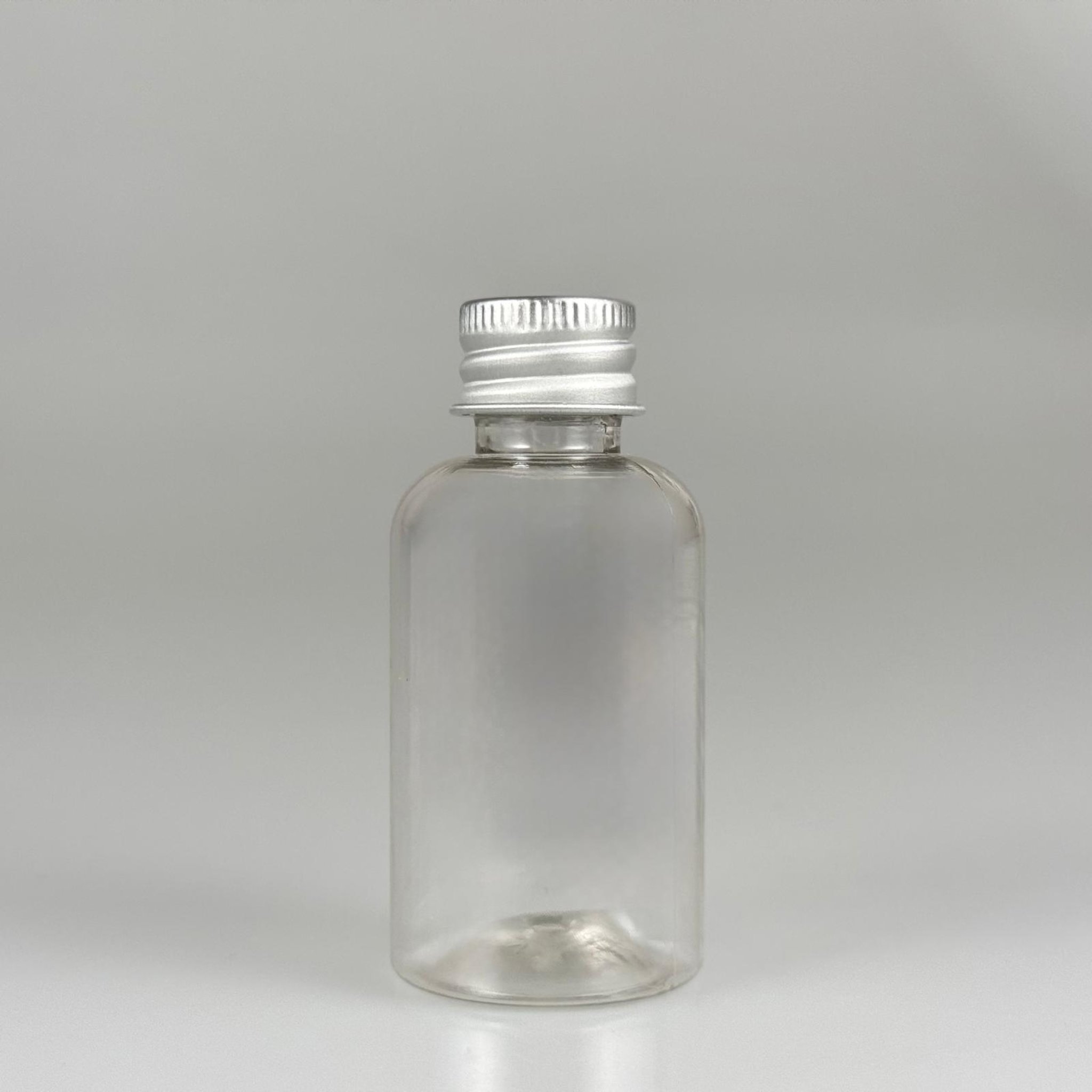 40 CC ŞEFFAF SİLİNDİR TOMBUL PET ŞİŞE + KÖPÜK CONTALI GÜMÜŞ ALÜMİNYUM METAL KAPAKLI TAKIM - 40 ML PLASTİK ŞİŞE