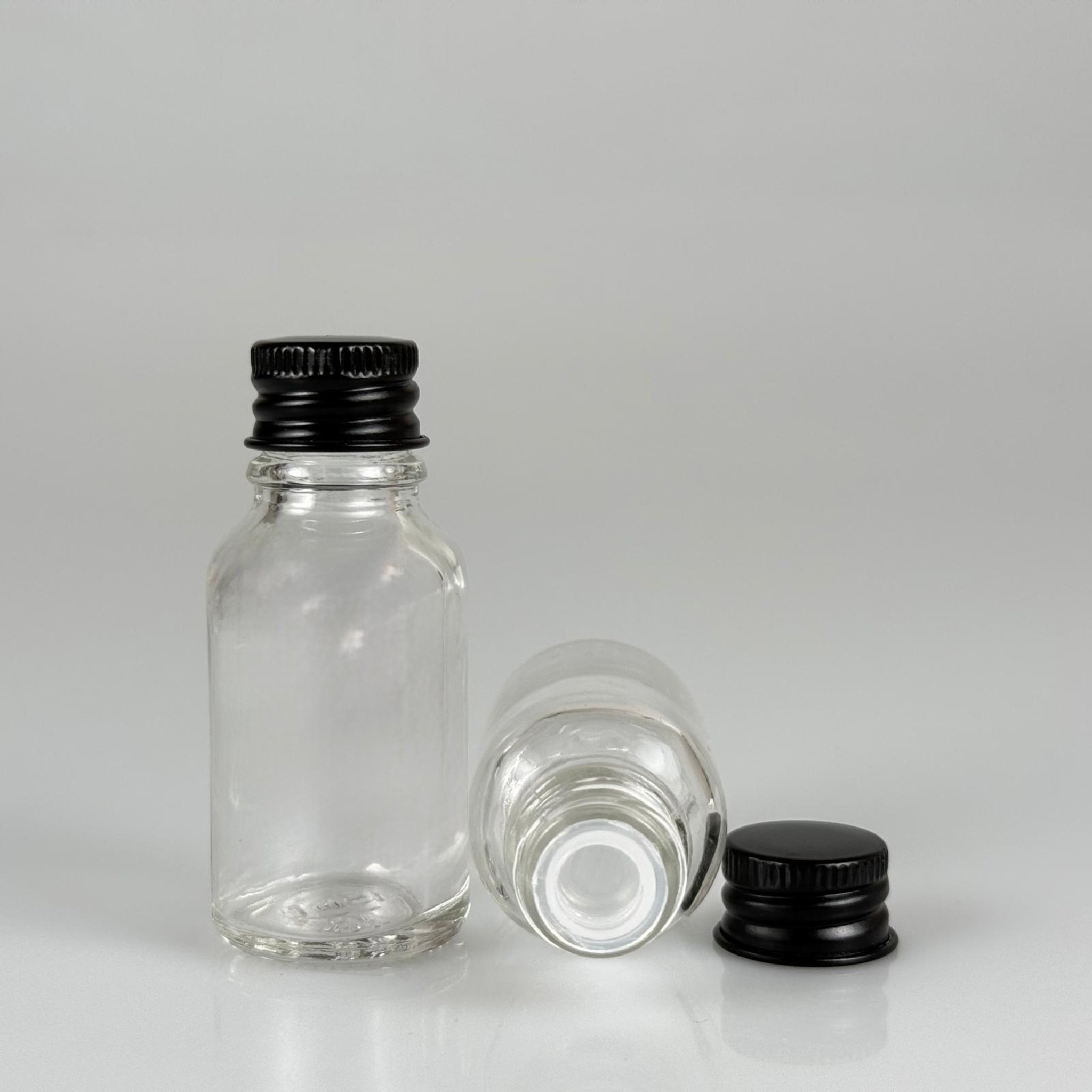 15 CC ŞEFFAF CAM ŞİŞE + KÖPÜK CONTALI SİYAH ALÜMİNYUM METAL KAPAKLI + KÖR TIPALI TAKIM - 15 ML ŞEFFAF CAM ŞİŞE