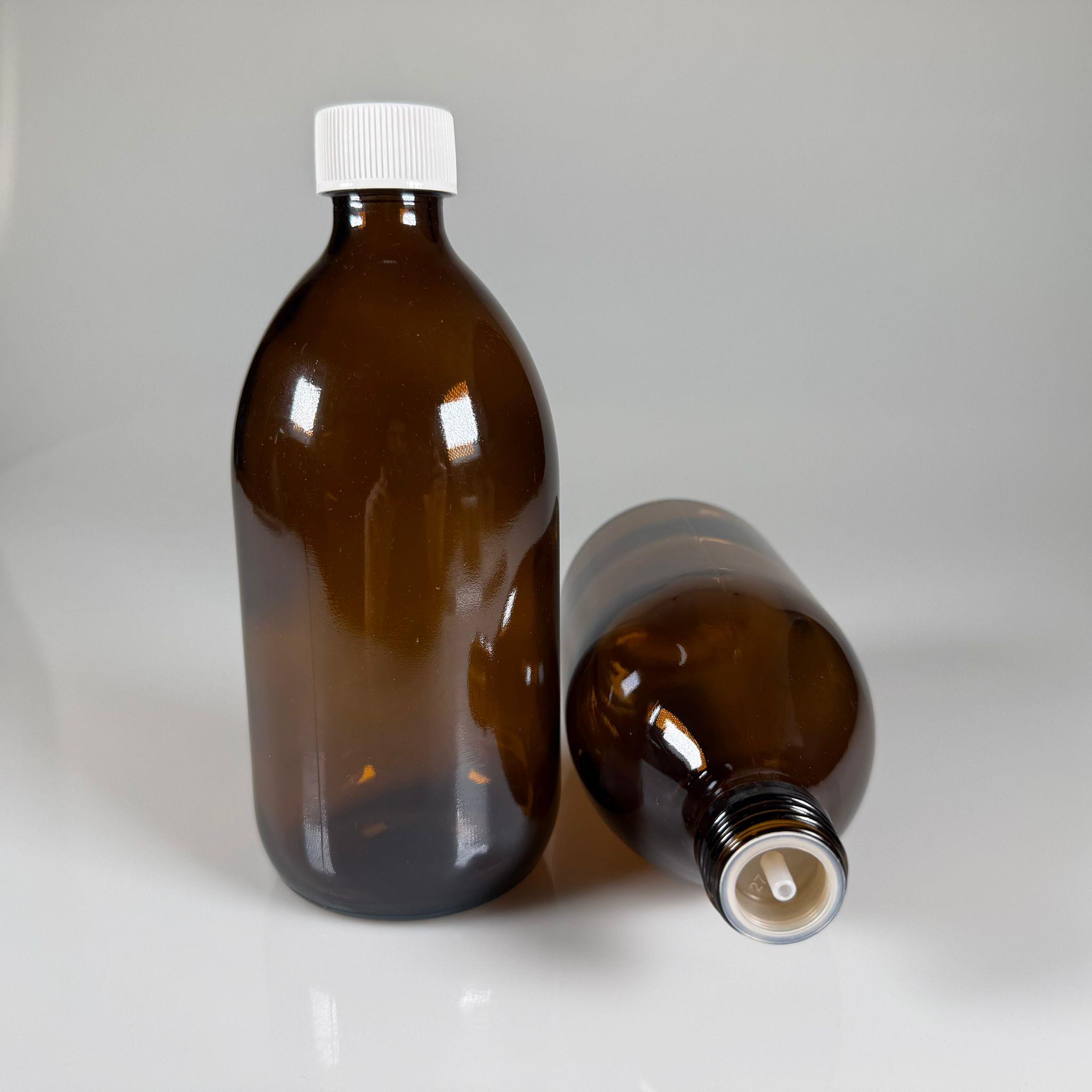 500 ML DOLUMU KOLAY, GENİŞ AĞIZLI İÇTEN DAMLALIKLI ŞİŞE (28 MM AĞIZ)  - 500 CC BEYAZ CONTALI KAPAKLI İÇTEN DAMLALIKLI CAM ECZA ŞİŞESİ - AMBER KAHVERENGİ