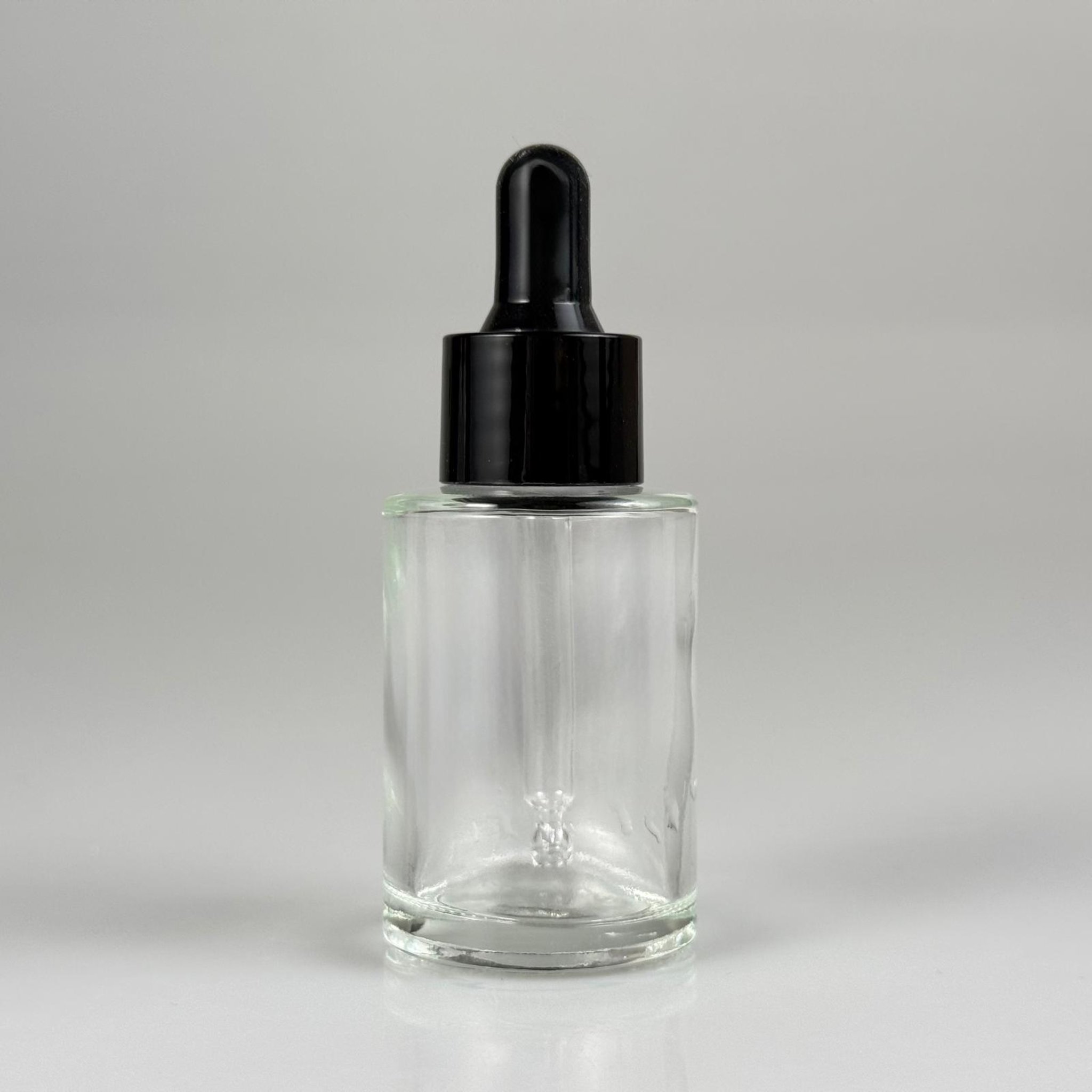 30 CC OMUZLU ŞEFFAF CAM ŞİŞE + SİYAH CAM DAMLALIKLI TAKIM - 30 ML KÜT BOYUNLU CAM SERUM ŞİŞESİ