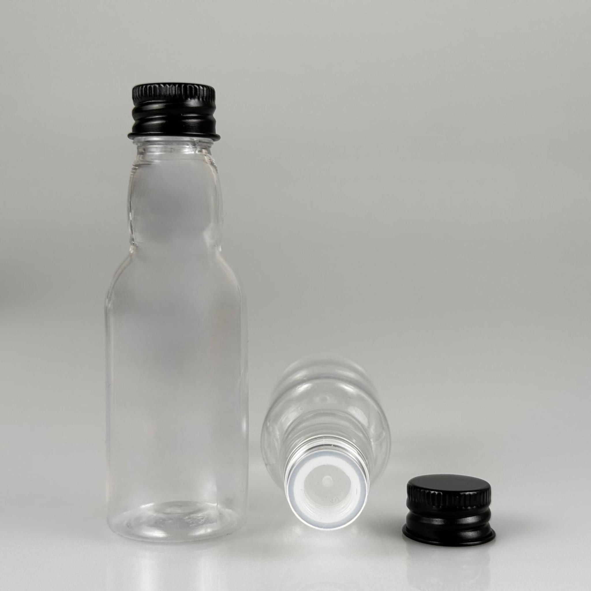 40 CC ŞEFFAF UZUN BOĞAZLI PET ŞİŞE + KÖPÜK CONTALI SİYAH ALÜMİNYUM METAL KAPAKLI + KÖR TIPALI TAKIM - 40 ML BOĞAZLI PET ŞİŞE