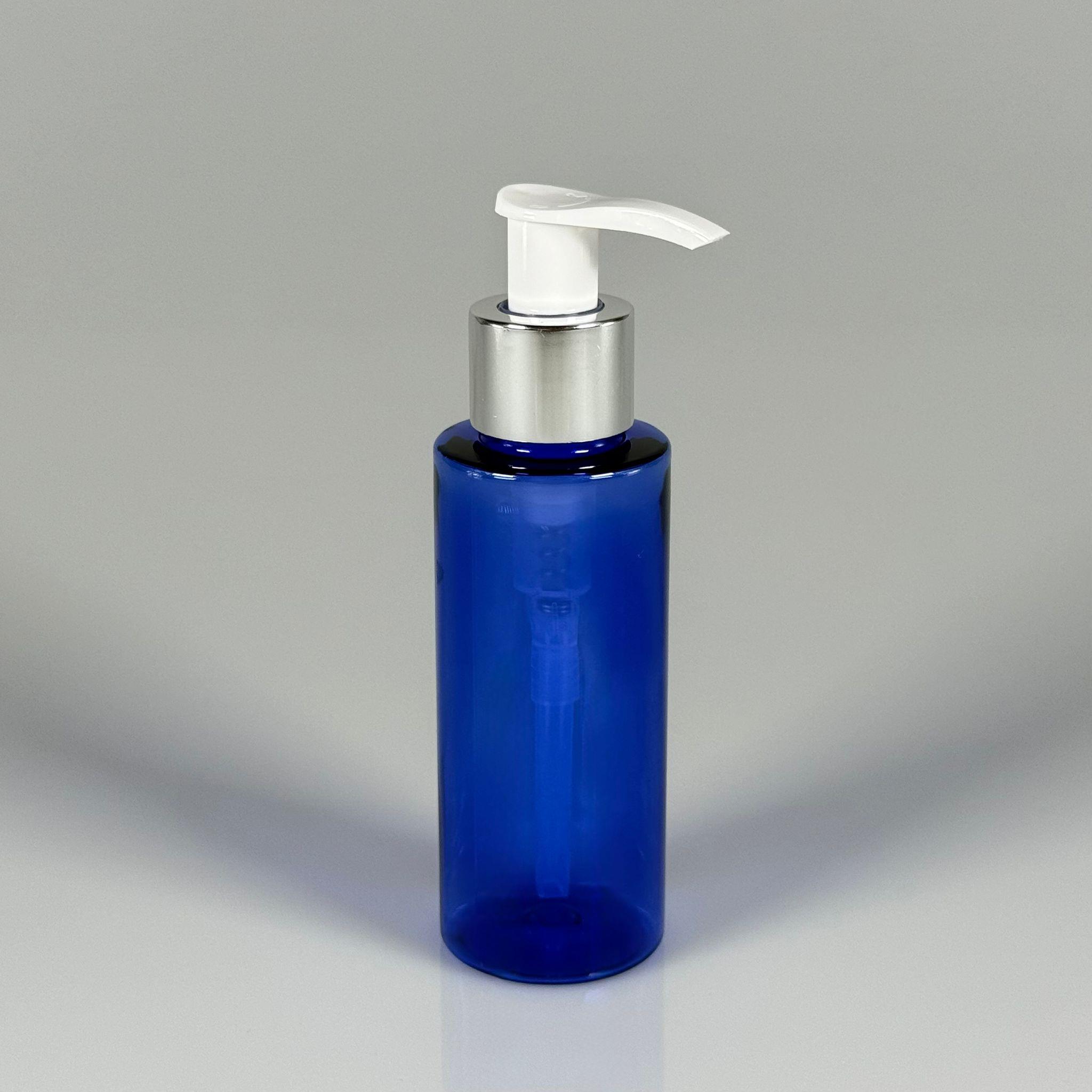 100 CC SİLİNDİR KESKİN KÜT MODEL SERT (17 GR) PET ŞİŞE - GÜMÜŞ SIVI SABUN POMPALI - JEL, PEELING, SERUM, GÜNEŞ KREMİ GİBİ YOĞUN KIVAMLI SIVILAR İÇİN- AĞIZ ÇAPI 24 MM - MAVİ
