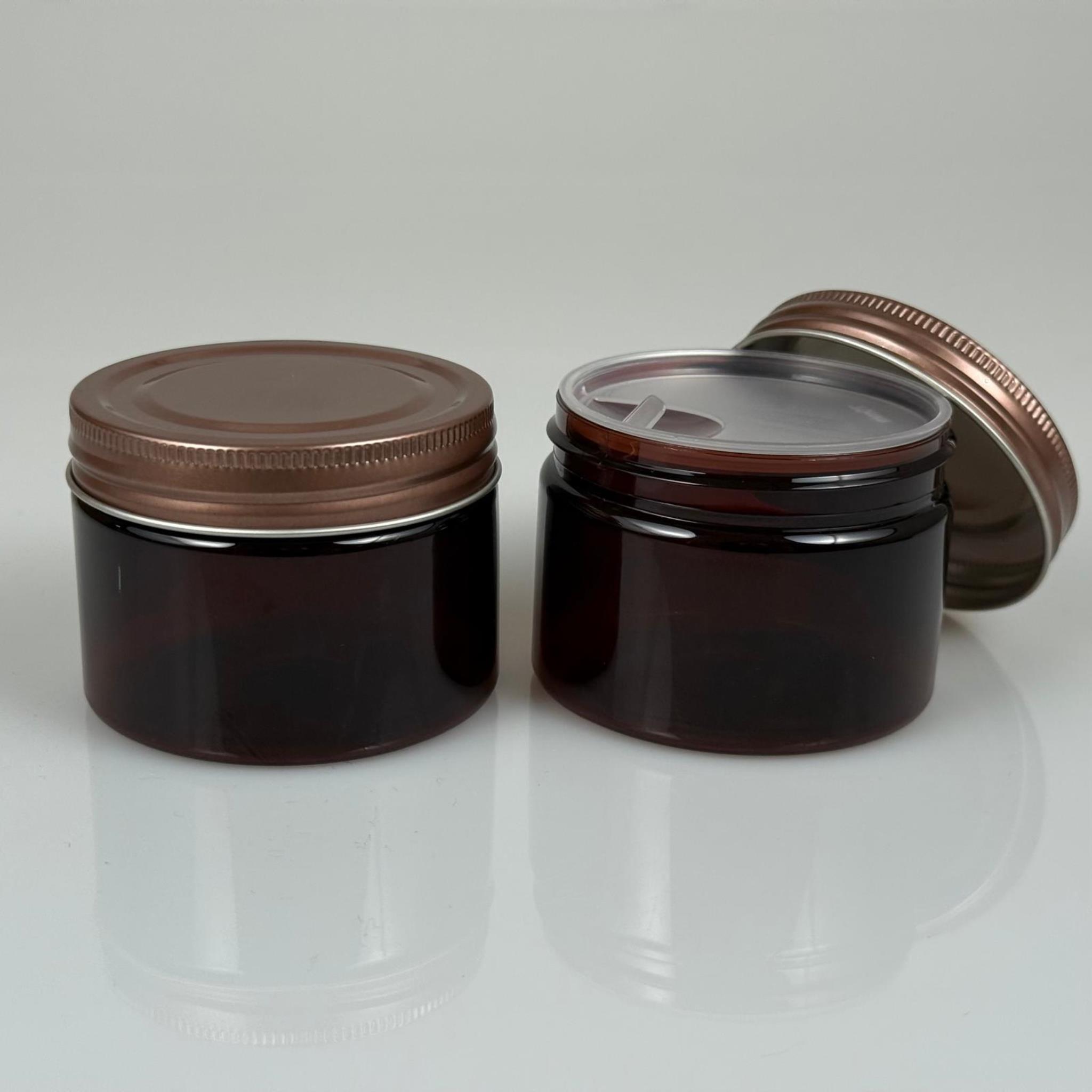 150 ML SERT PET KAVANOZ + BRONZ METAL KAPAK + İÇ TIPA - 150 CC KALIN AMBER PLASTİK KAVANOZ BRONZ METAL KAPAKLI İÇ TIPALI TAKIM - KREM KAVANOZLARI